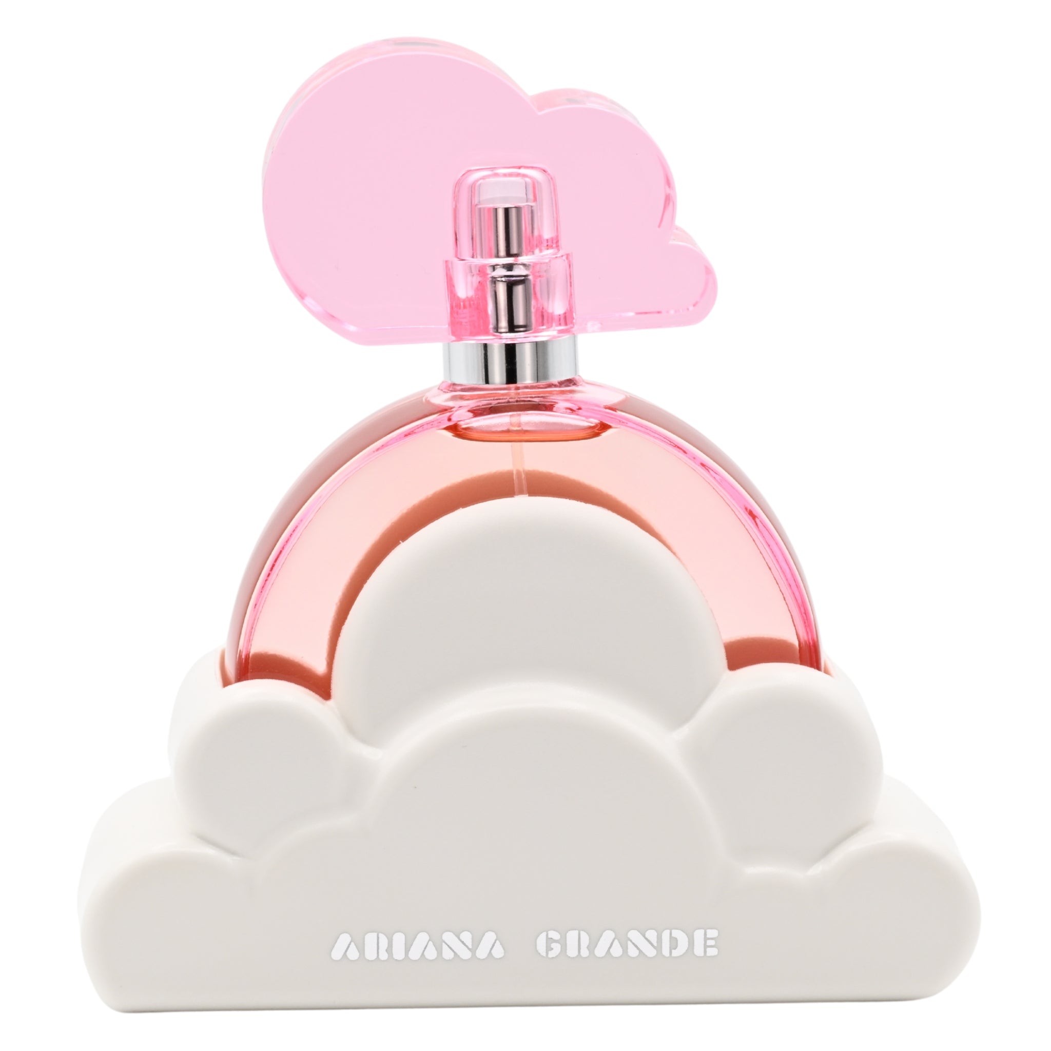 Ariana Grande Cloud Pink perfume bottle with pink cap and cloud-shaped base on a white background