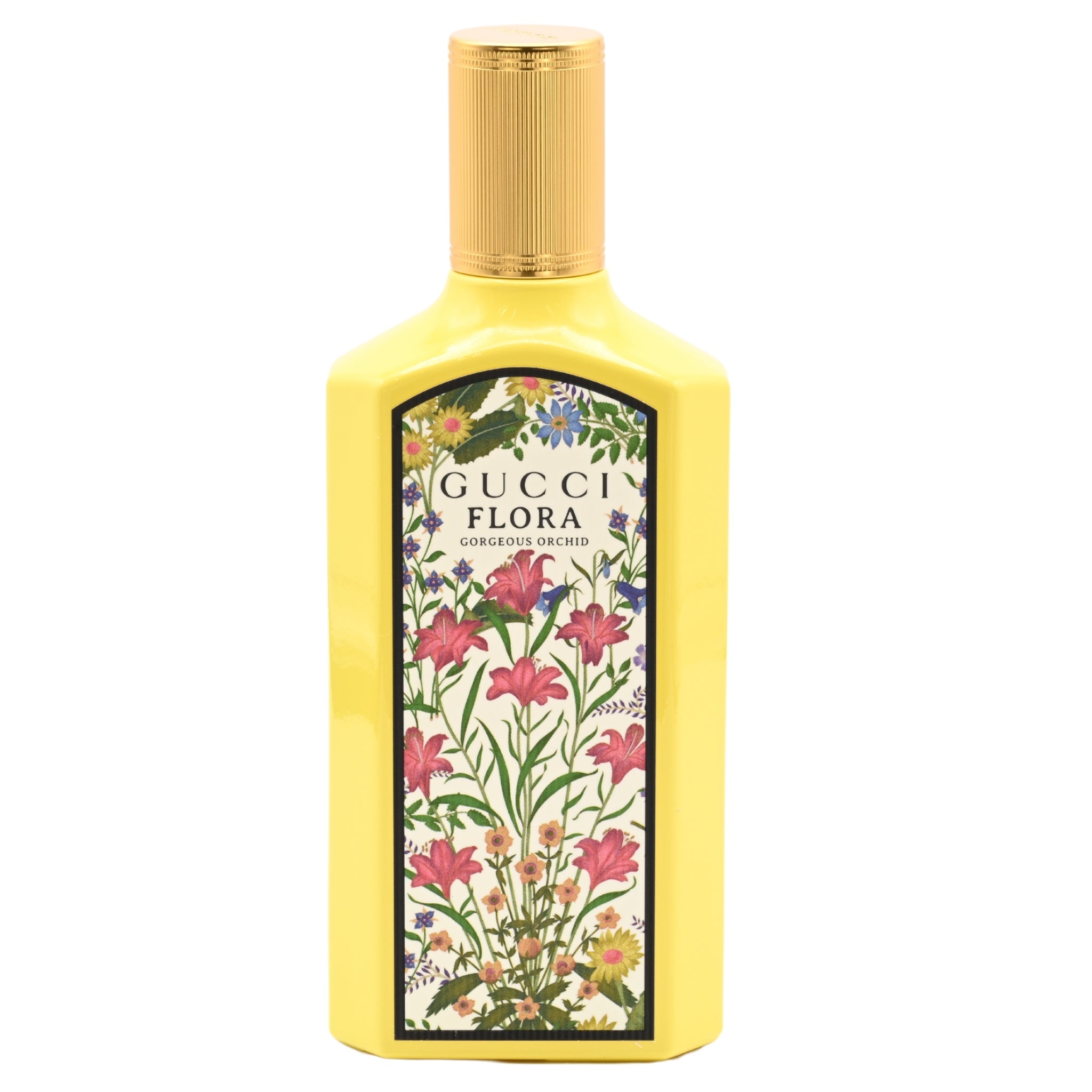 Gucci Flora perfume bottle with floral design on a white background
