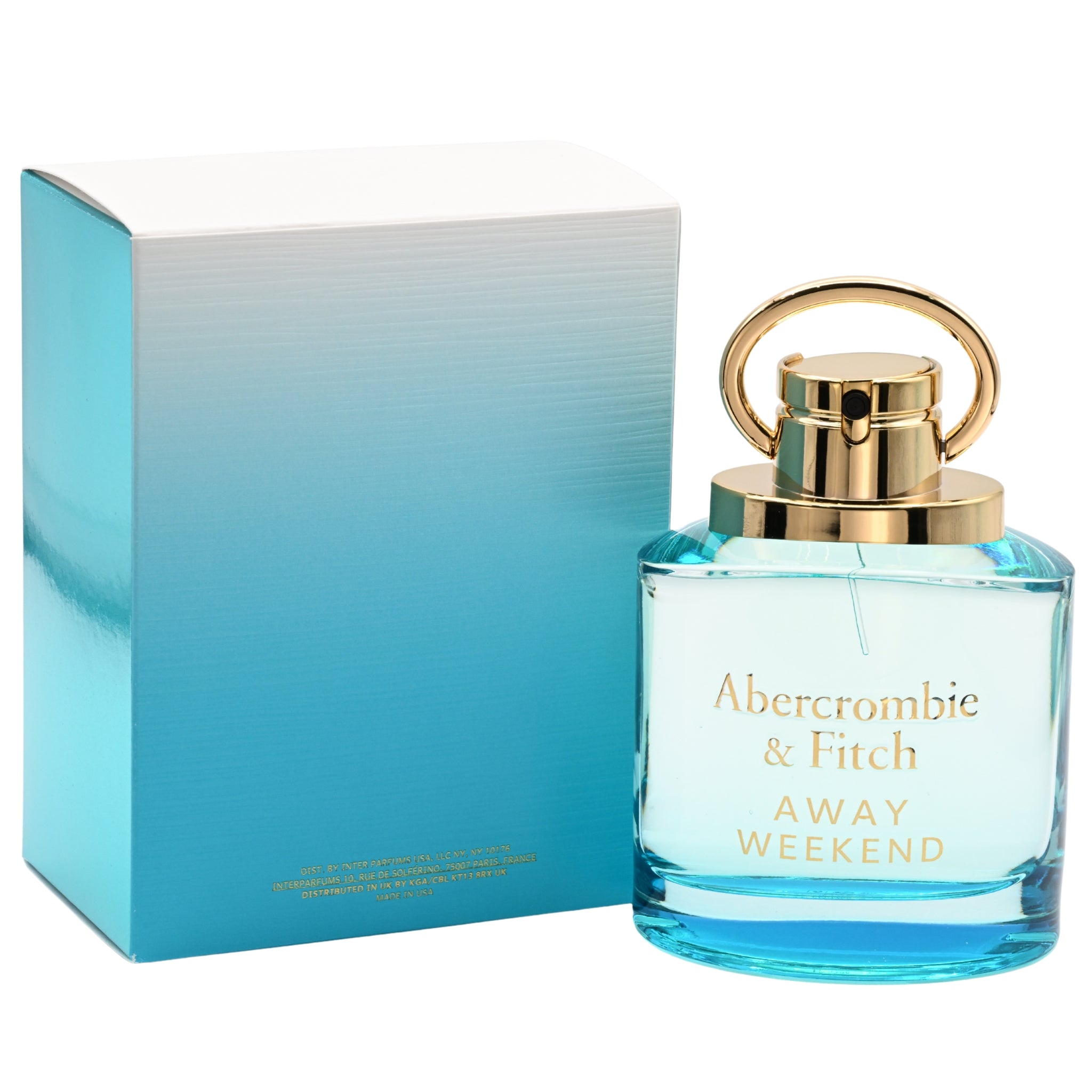 Abercrombie & Fitch perfume bottle with gold cap and blue packaging on a white background