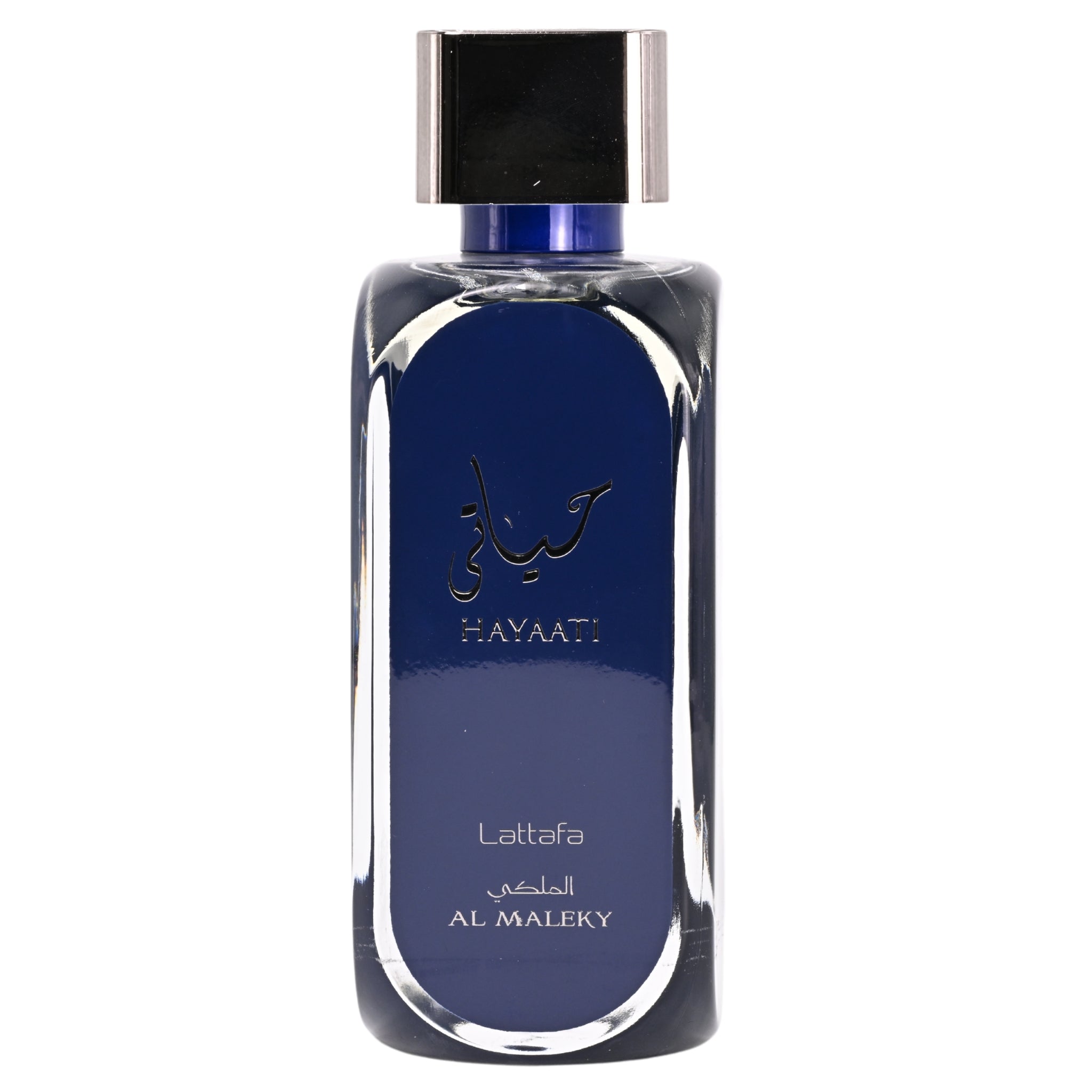 Perfume bottle with blue label and black cap on a white background