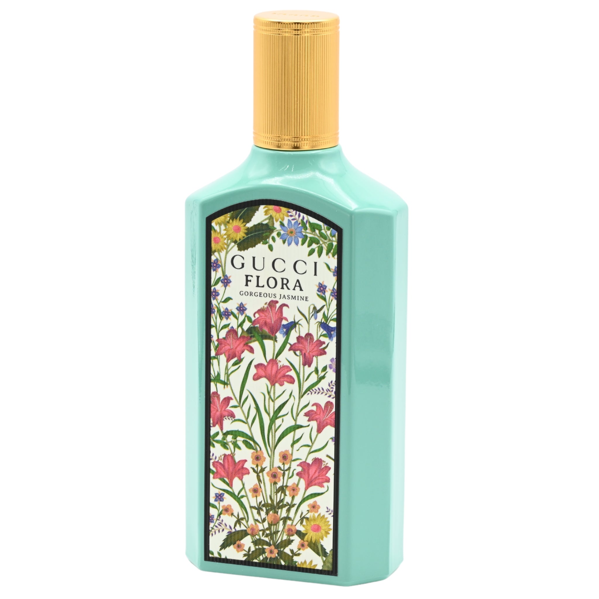 Gucci Flora perfume bottle with floral design on a white background