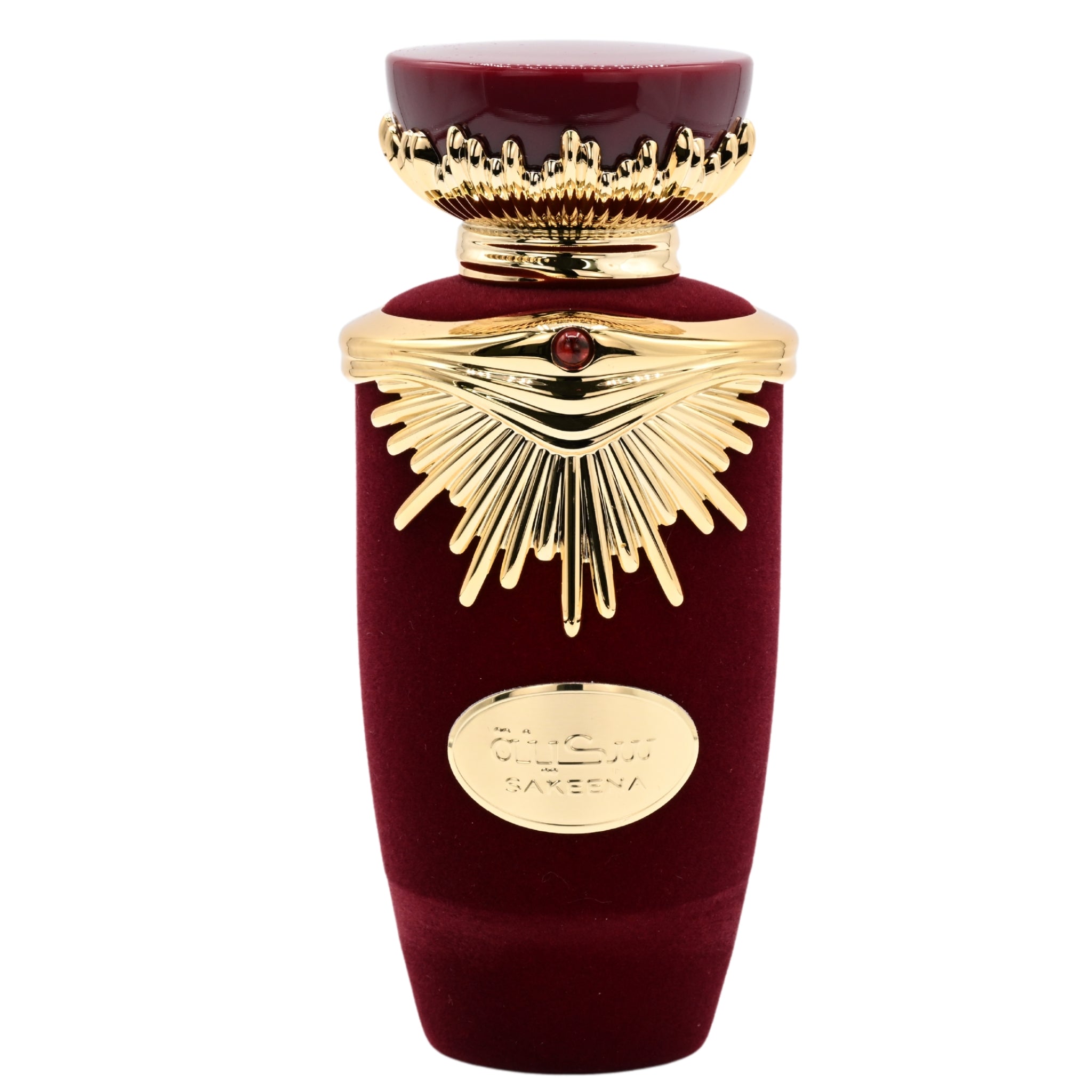 Red perfume bottle with gold accents on a white background