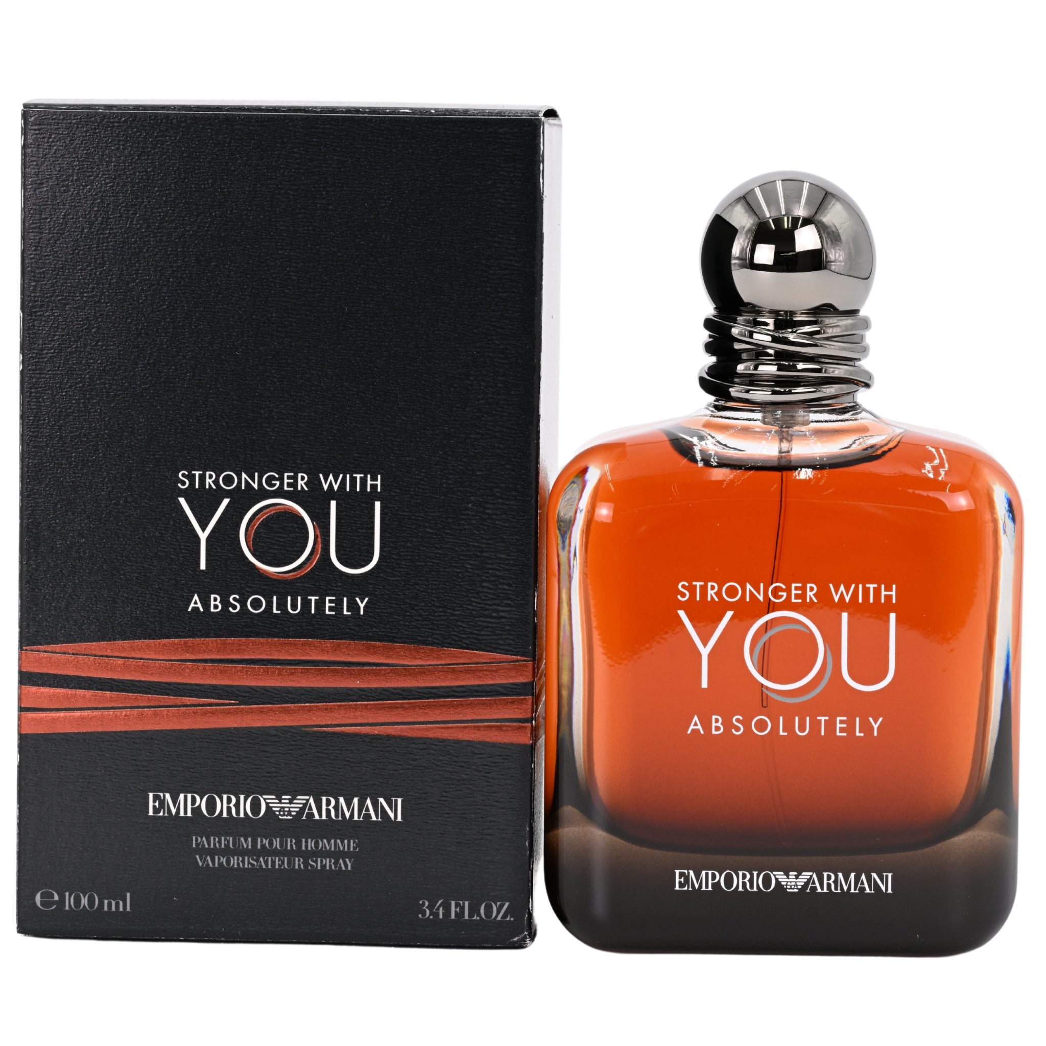 Emporio Armani perfume bottle and packaging with 'Stronger with You Absolutely' text on a white background