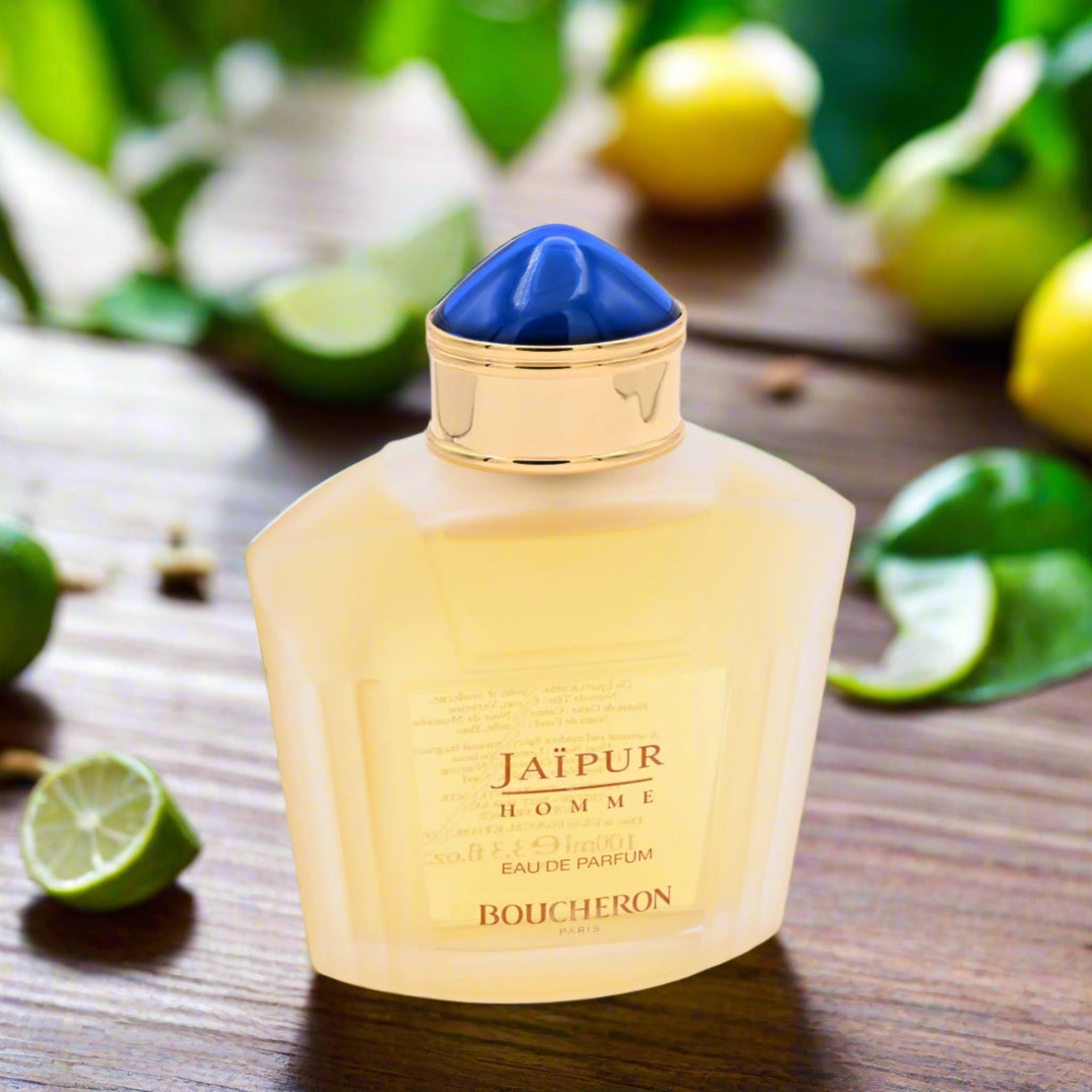 Boucheron Jaipur Homme perfume bottle with blue cap on a white background