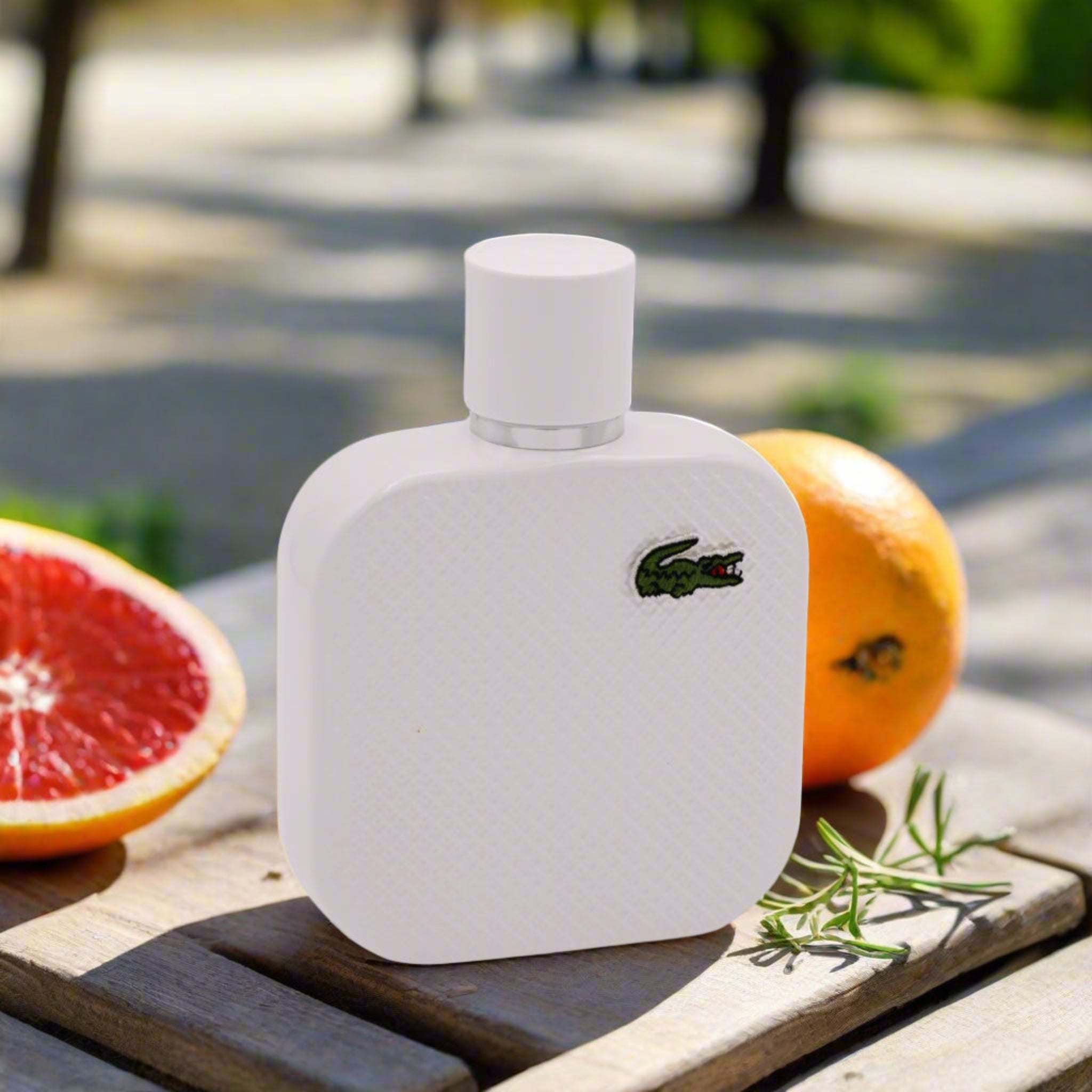 White Lacoste perfume bottle on a white background