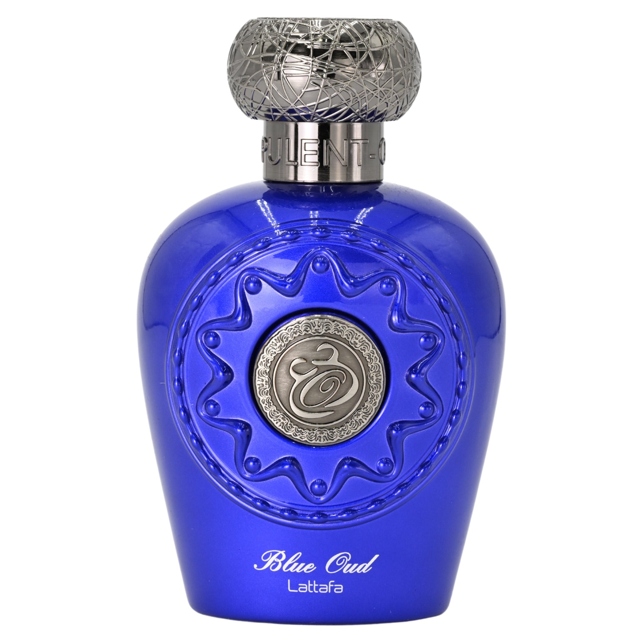 Blue perfume bottle with silver cap on a white background