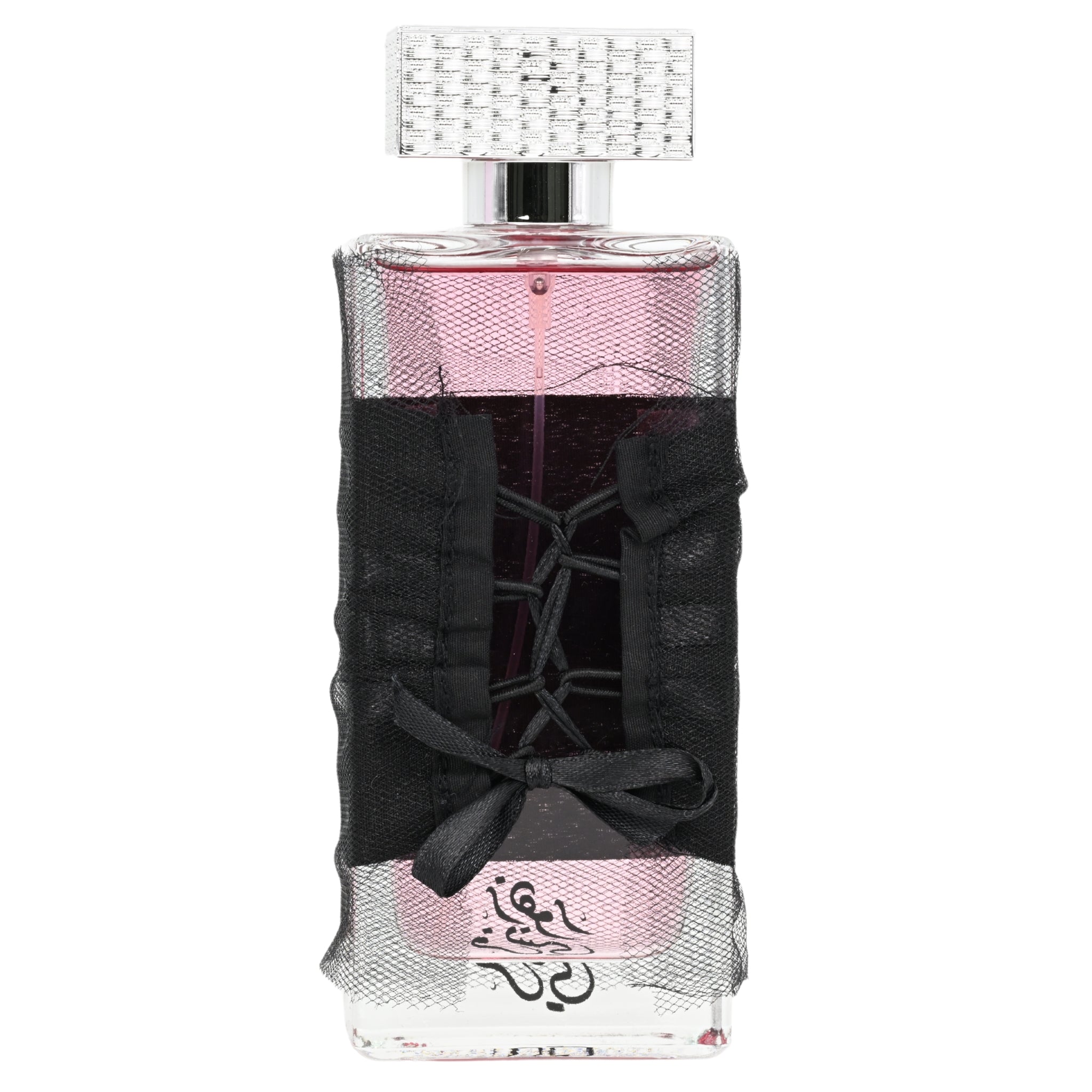 Perfume bottle with decorative black bow and intricate design on a white background