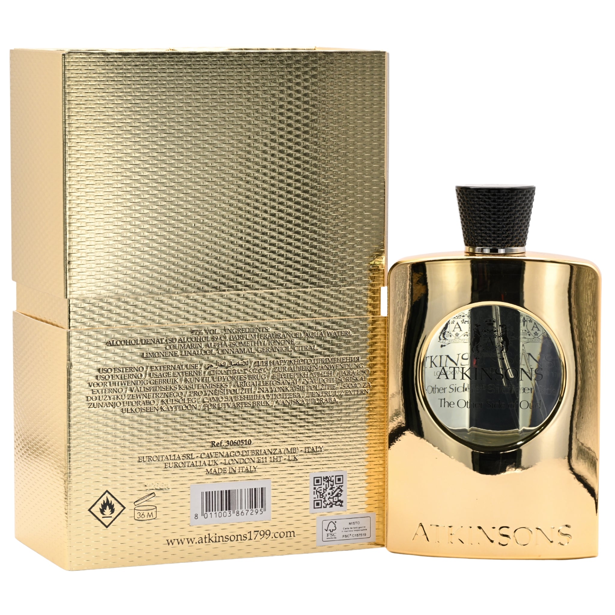 Gold Atkinsons perfume bottle and packaging on a white background