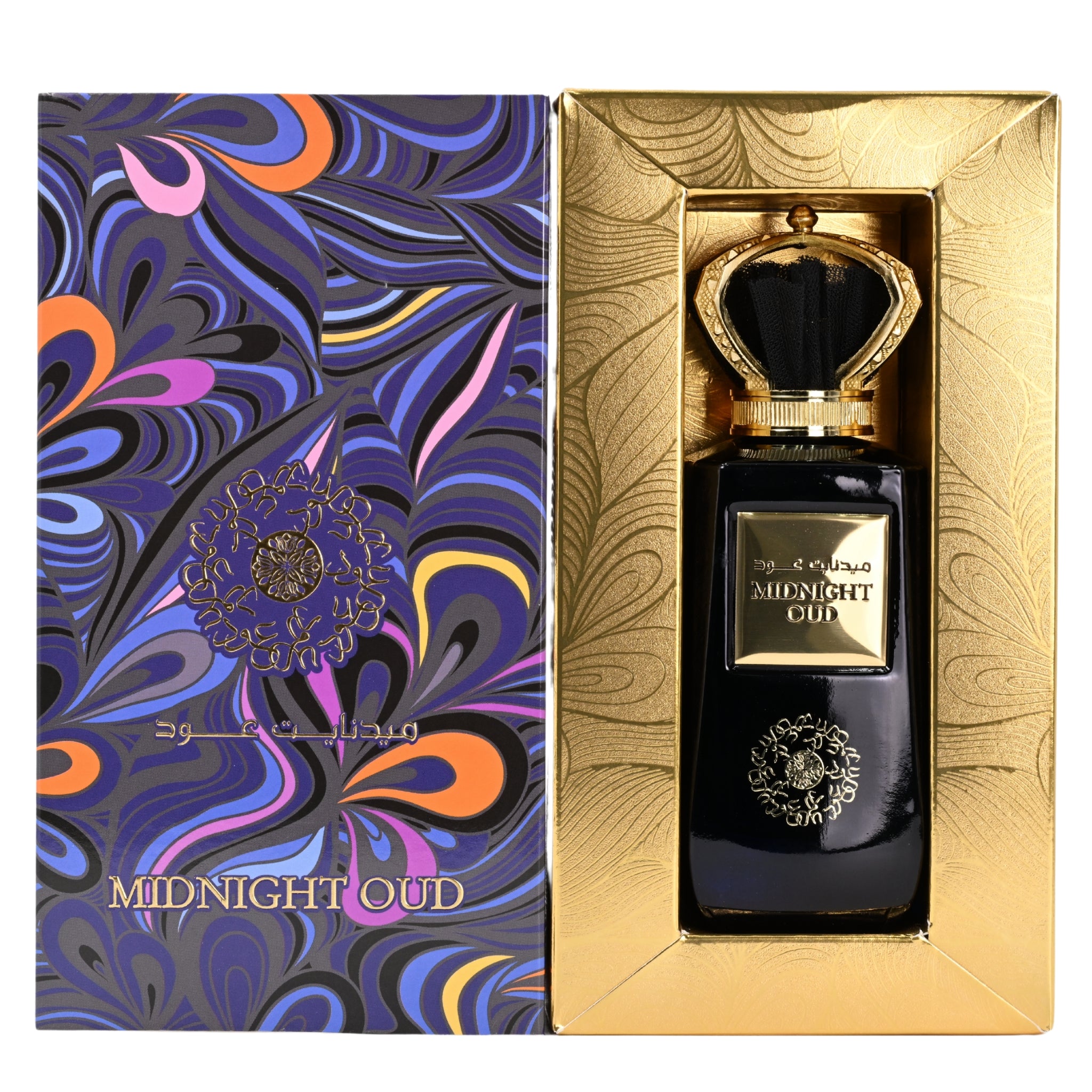 Perfume bottle with 'Midnight Oud' packaging in a decorative box