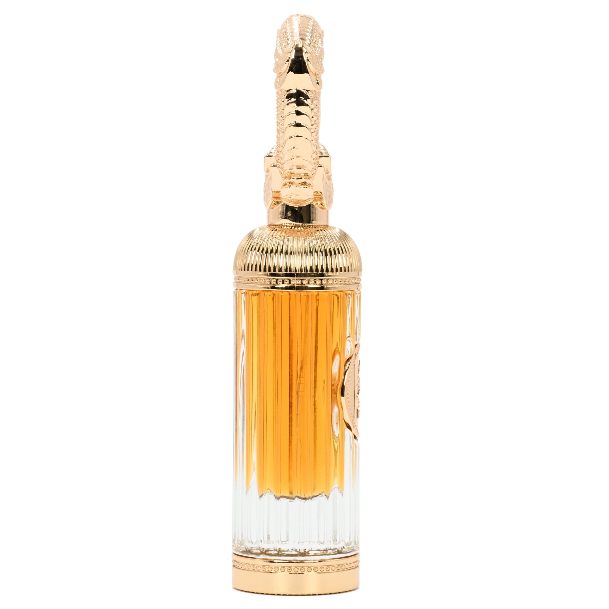 Gold and clear perfume bottle with a white background