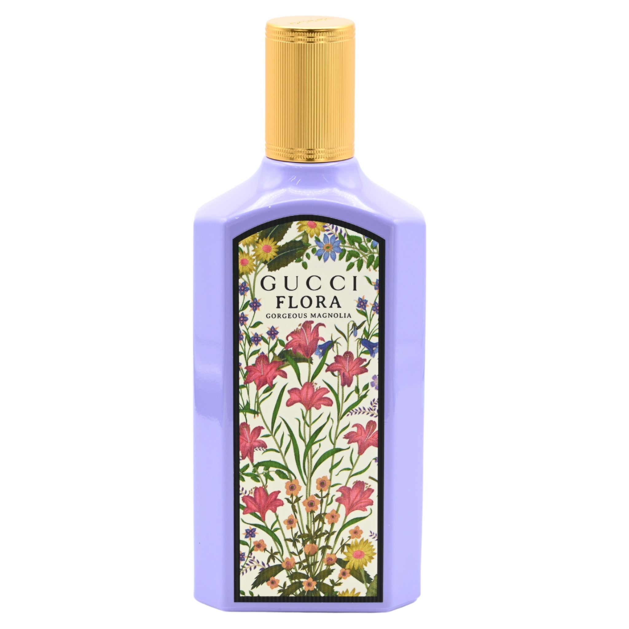 Gucci Flora perfume bottle with floral design on a white background