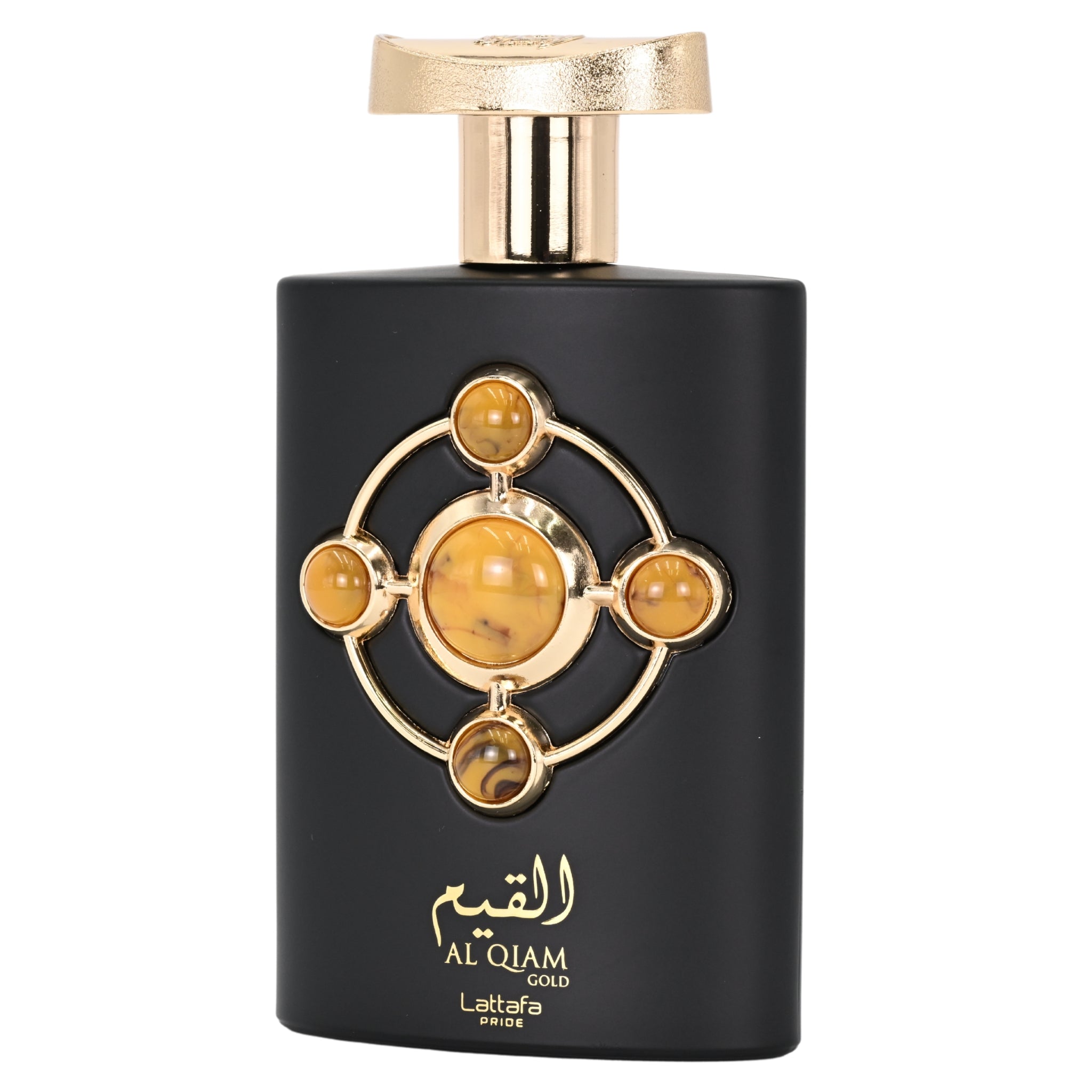 Black perfume bottle with gold and amber accents on a white background