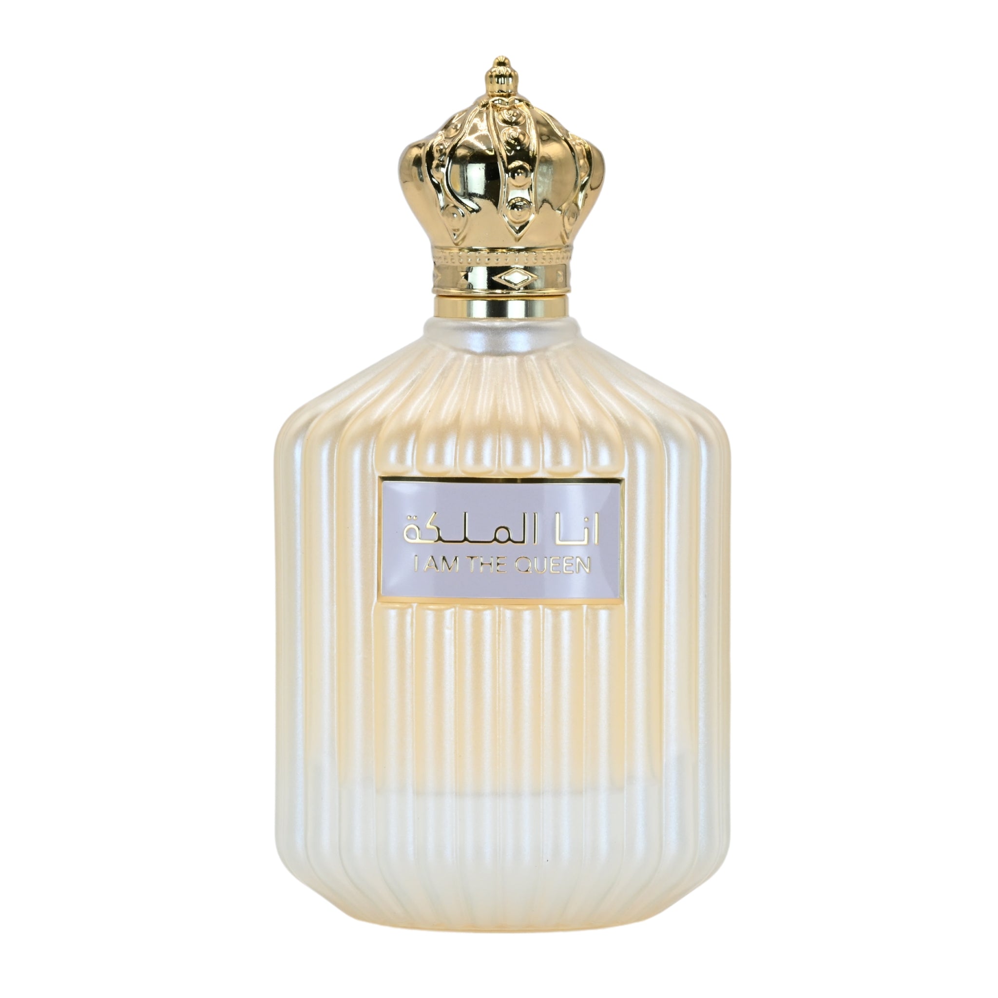Perfume bottle with gold crown design on a white background
