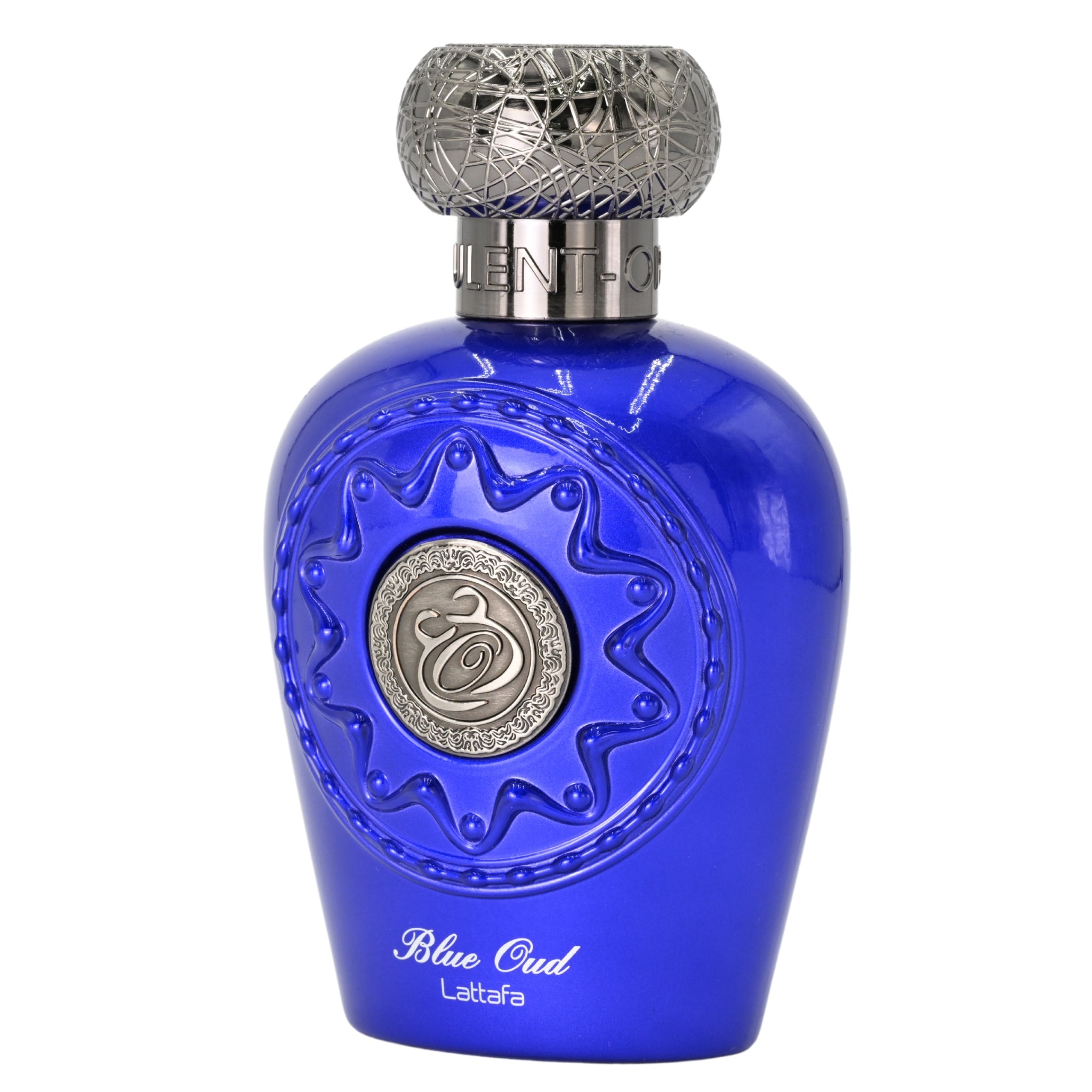 Blue perfume bottle with silver cap on a white background
