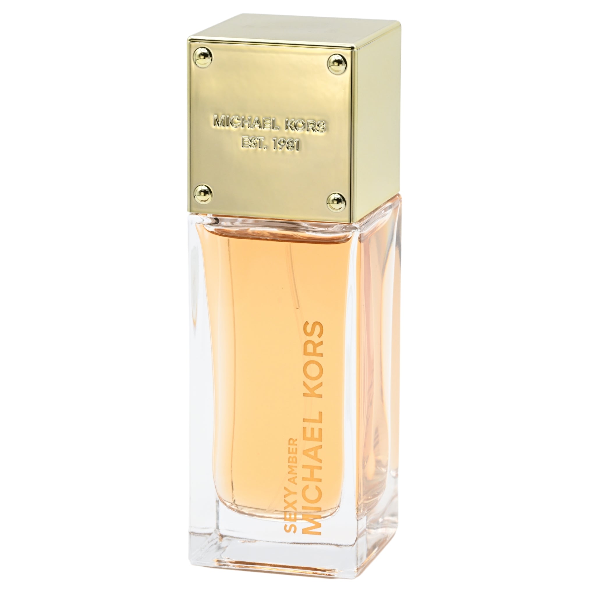 Michael Kors perfume bottle with gold cap on a white background