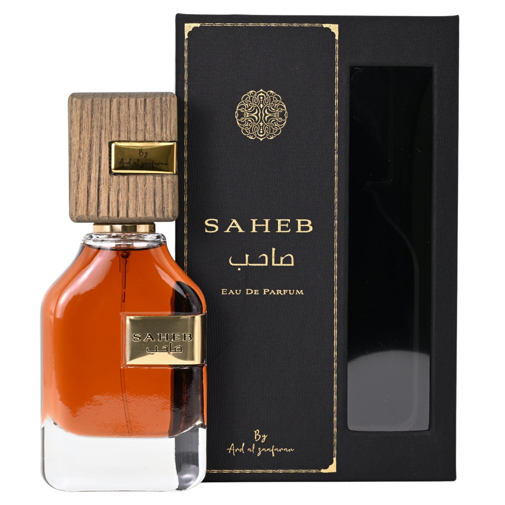 SAHEB Eau de Parfum bottle with wooden cap and black box on a white background