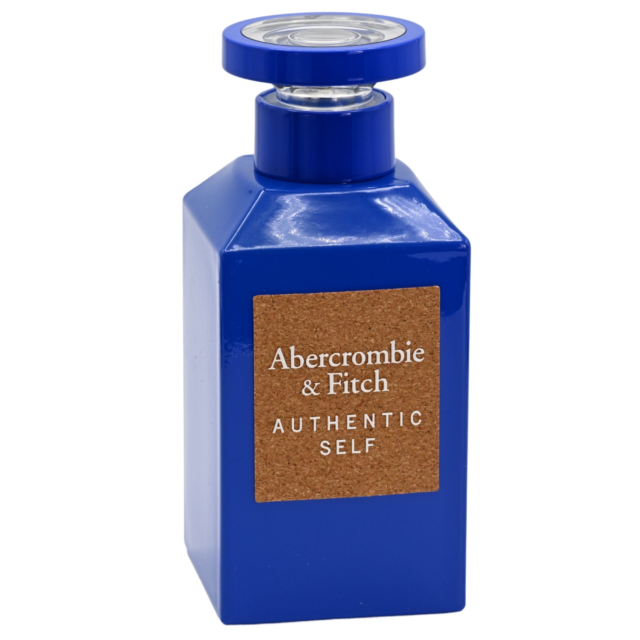 Blue Abercrombie & Fitch perfume bottle on a white background