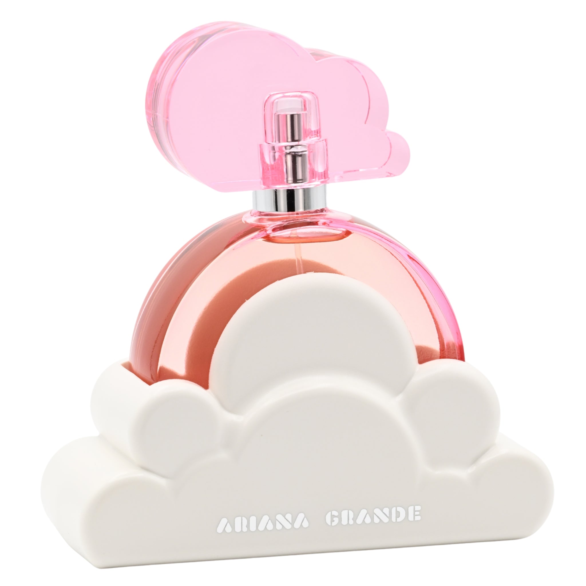 Ariana Grande Cloud white perfume bottle on a cloud-shaped stand with 'Mia' by Ariana Grande text.