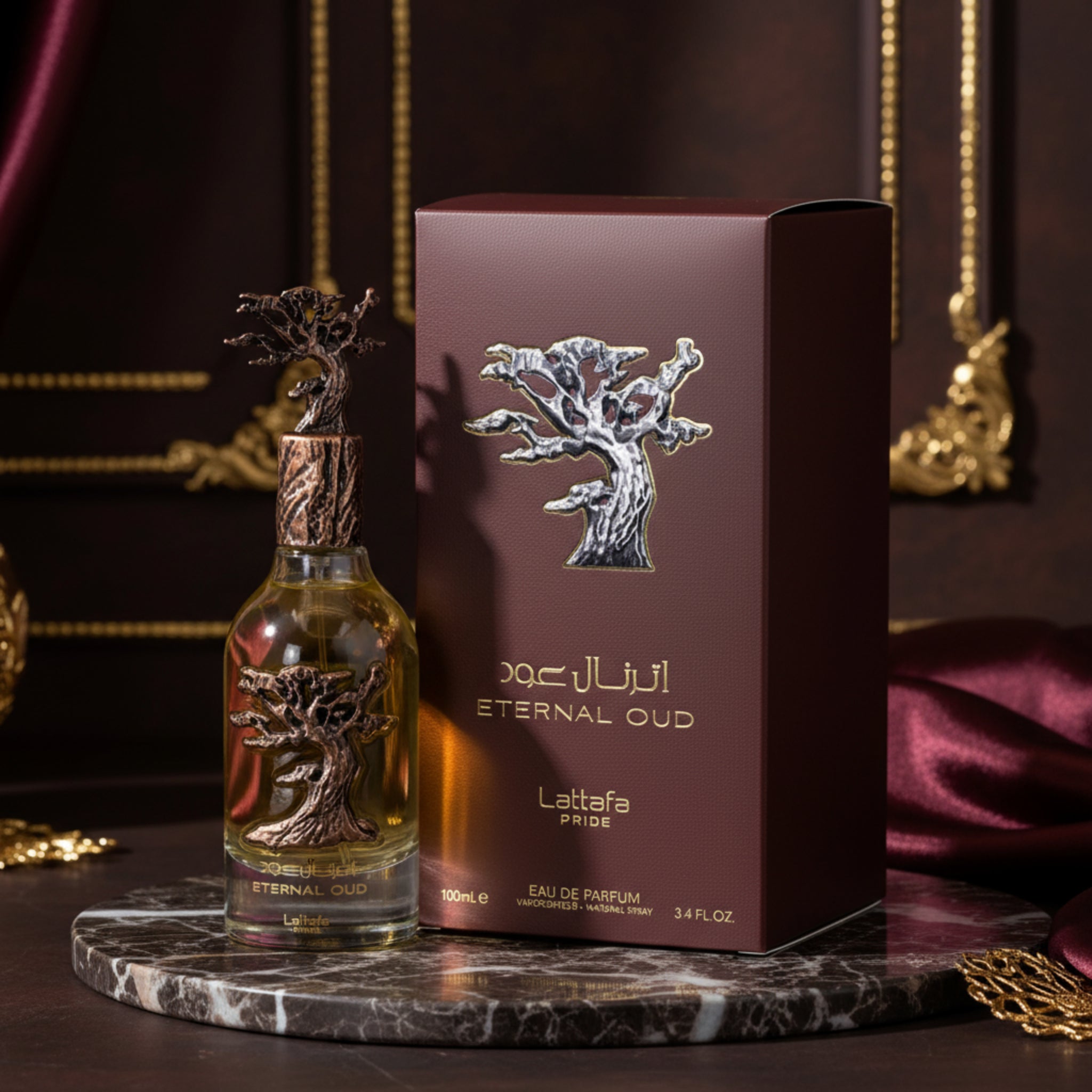 Eternal Oud perfume bottle and packaging on a dark surface with decorative elements.