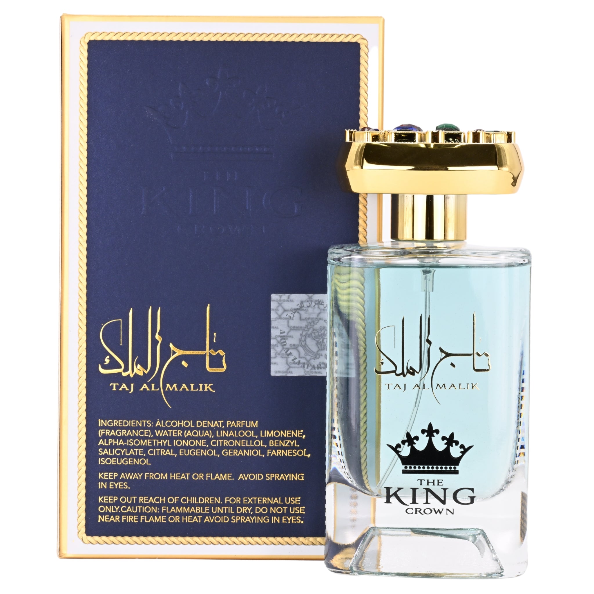 Perfume bottle and packaging of Taj Al Malik with gold accents on a white background