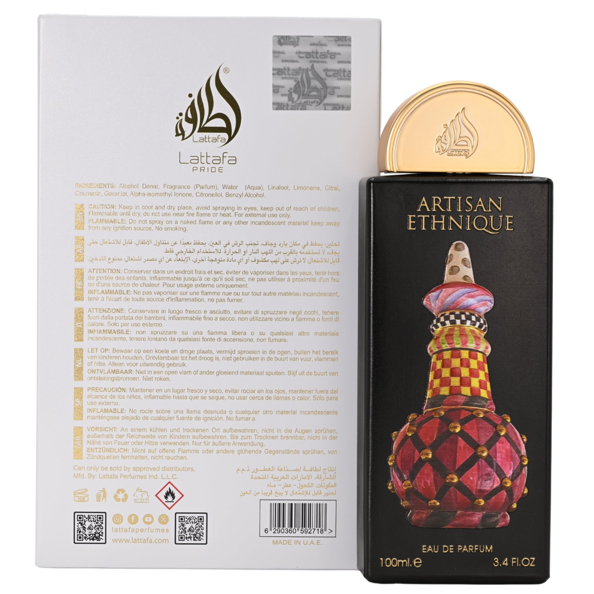 Lataafa Artisan Ethnique perfume bottle with packaging on a white background