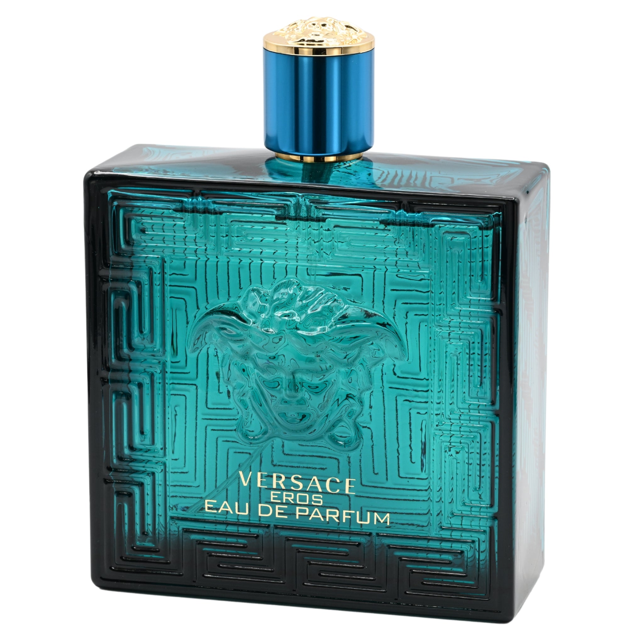 Versace Eros Eau de Parfum bottle with blue cap on a white background