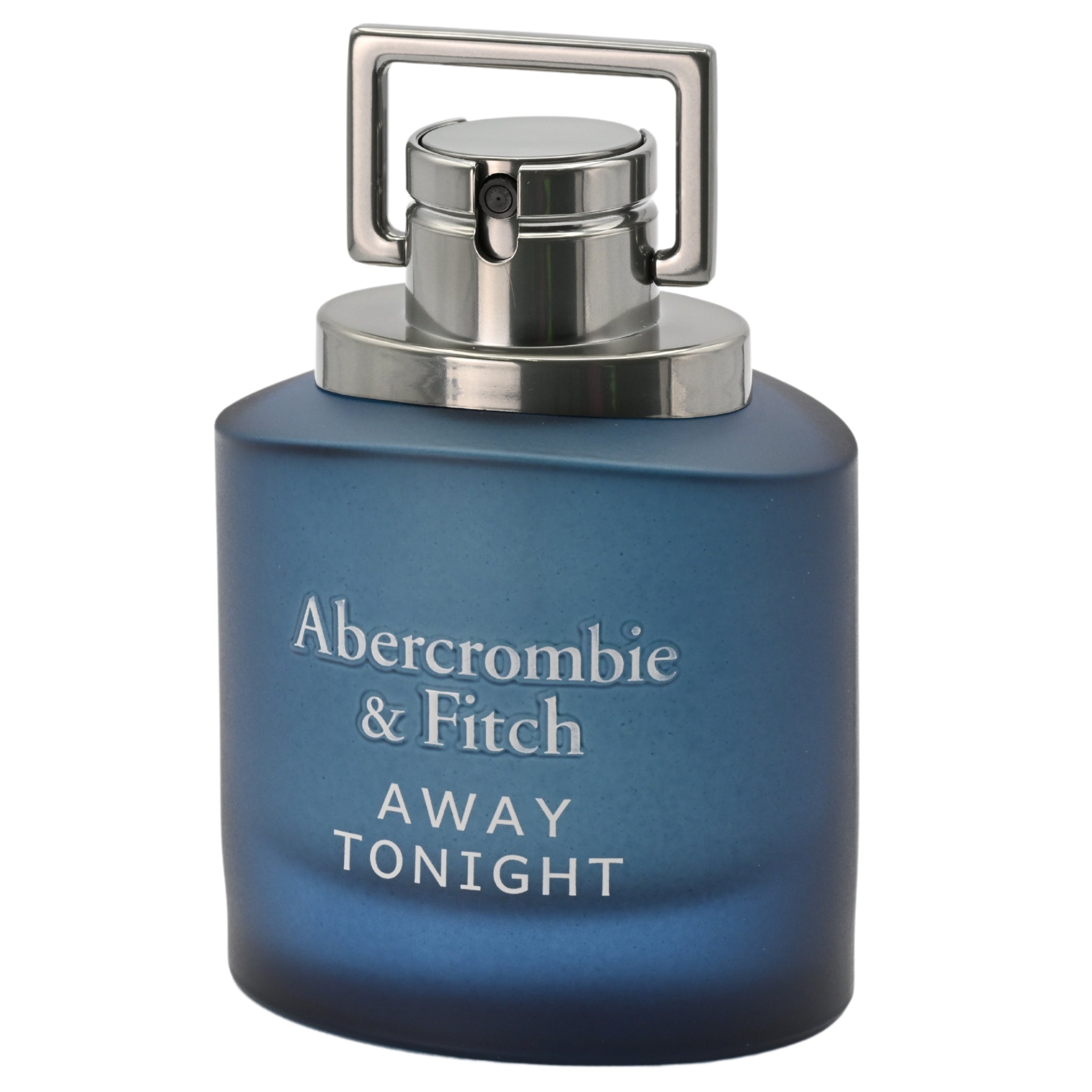 Blue Abercrombie & Fitch perfume bottle with silver cap on a white background