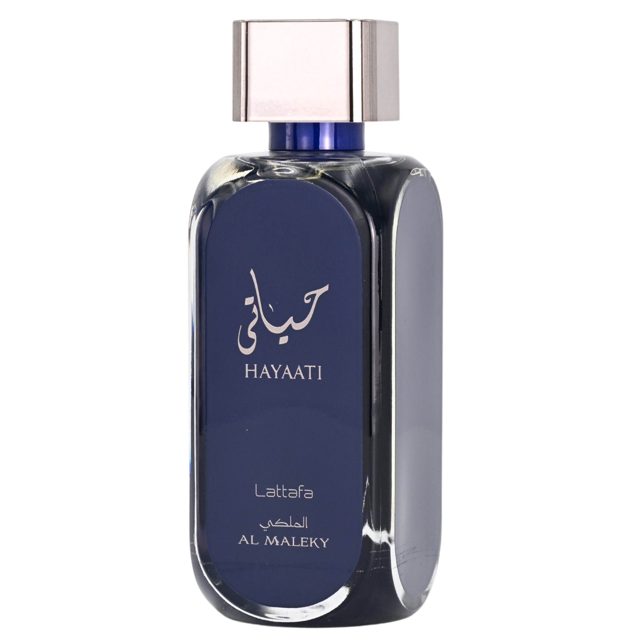 Perfume bottle with blue label and silver cap on a white background