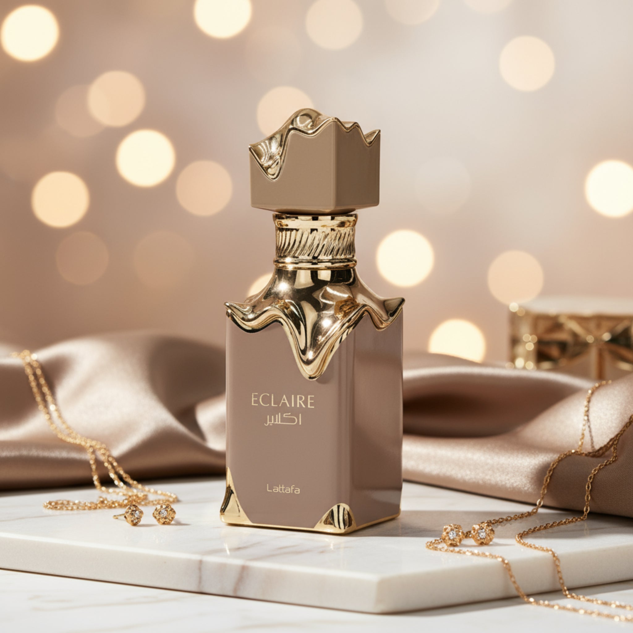 Perfume bottle with gold cap and base on a white background