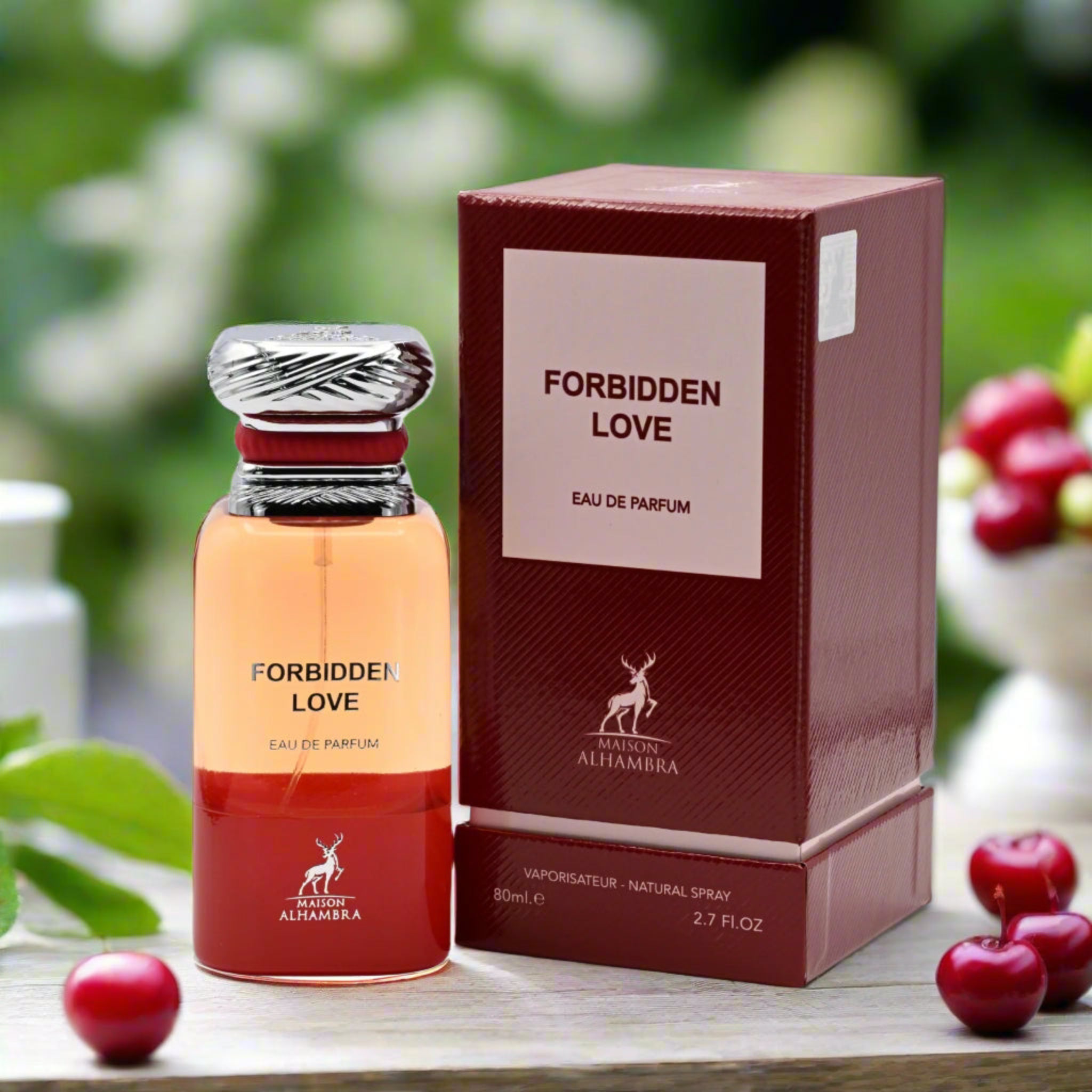 Eau de Parfum bottle and packaging with 'Forbidden Love' branding on a wooden surface with fruits.