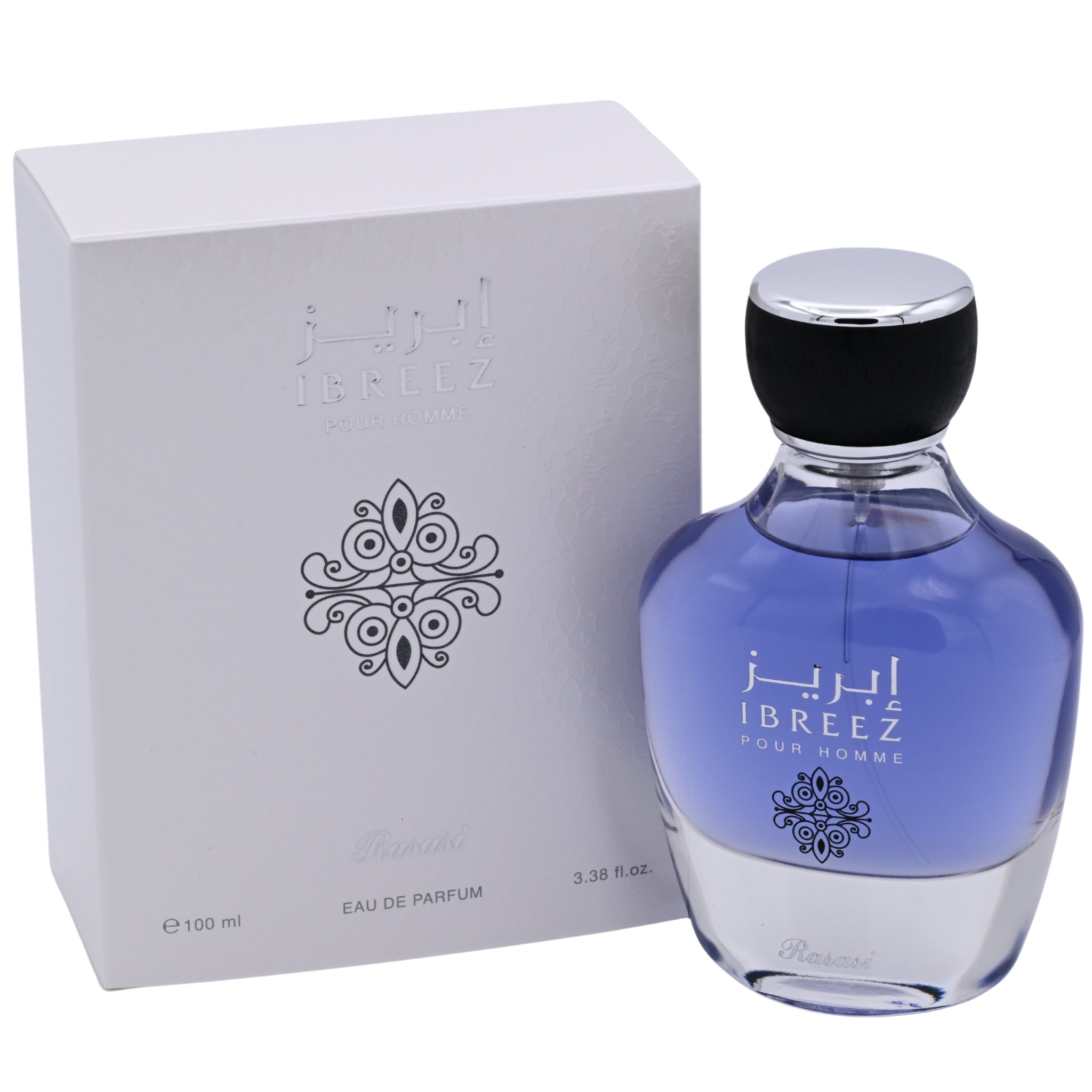 Blue perfume bottle with packaging on a white background
