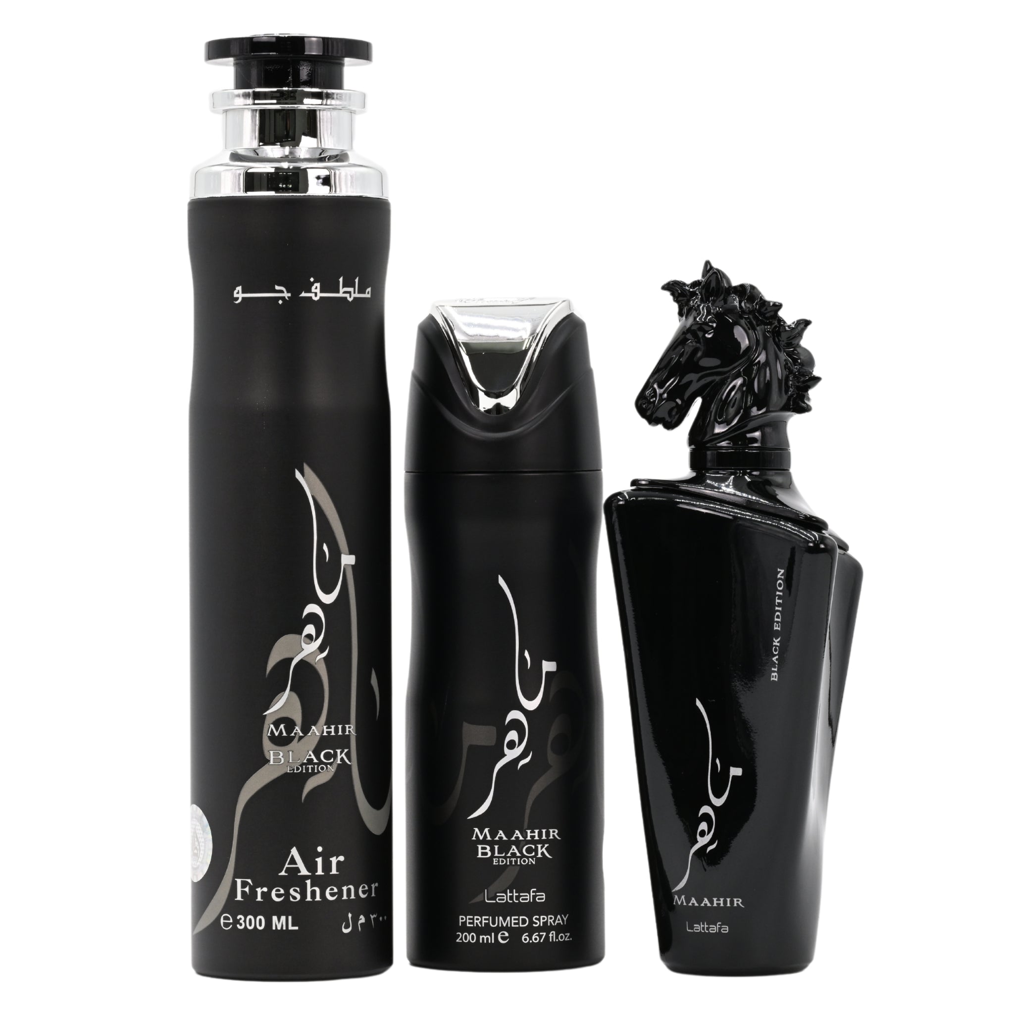 Three black perfume bottles with horse design on a white background
