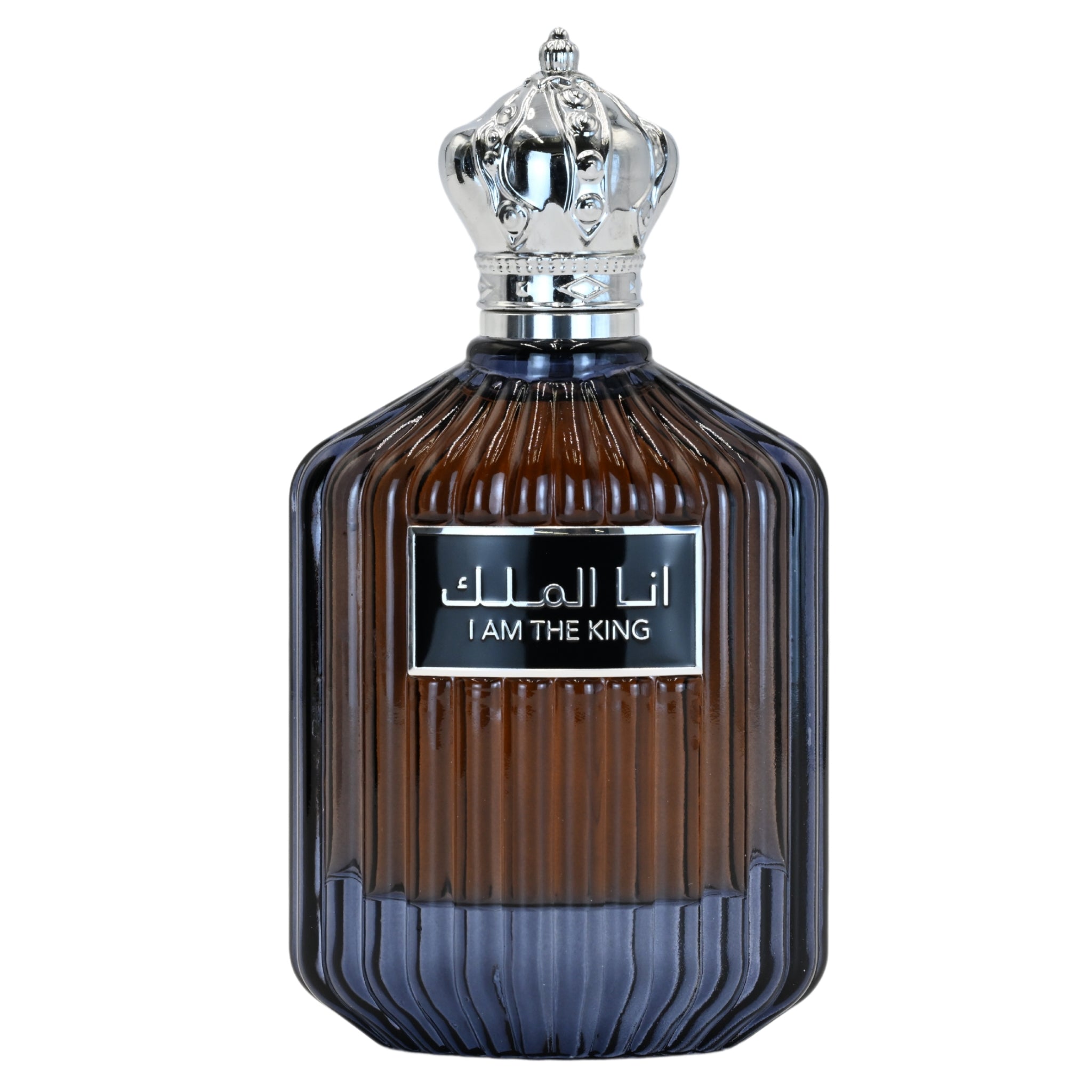 Perfume bottle labeled 'I AM THE KING' with a silver cap on a white background