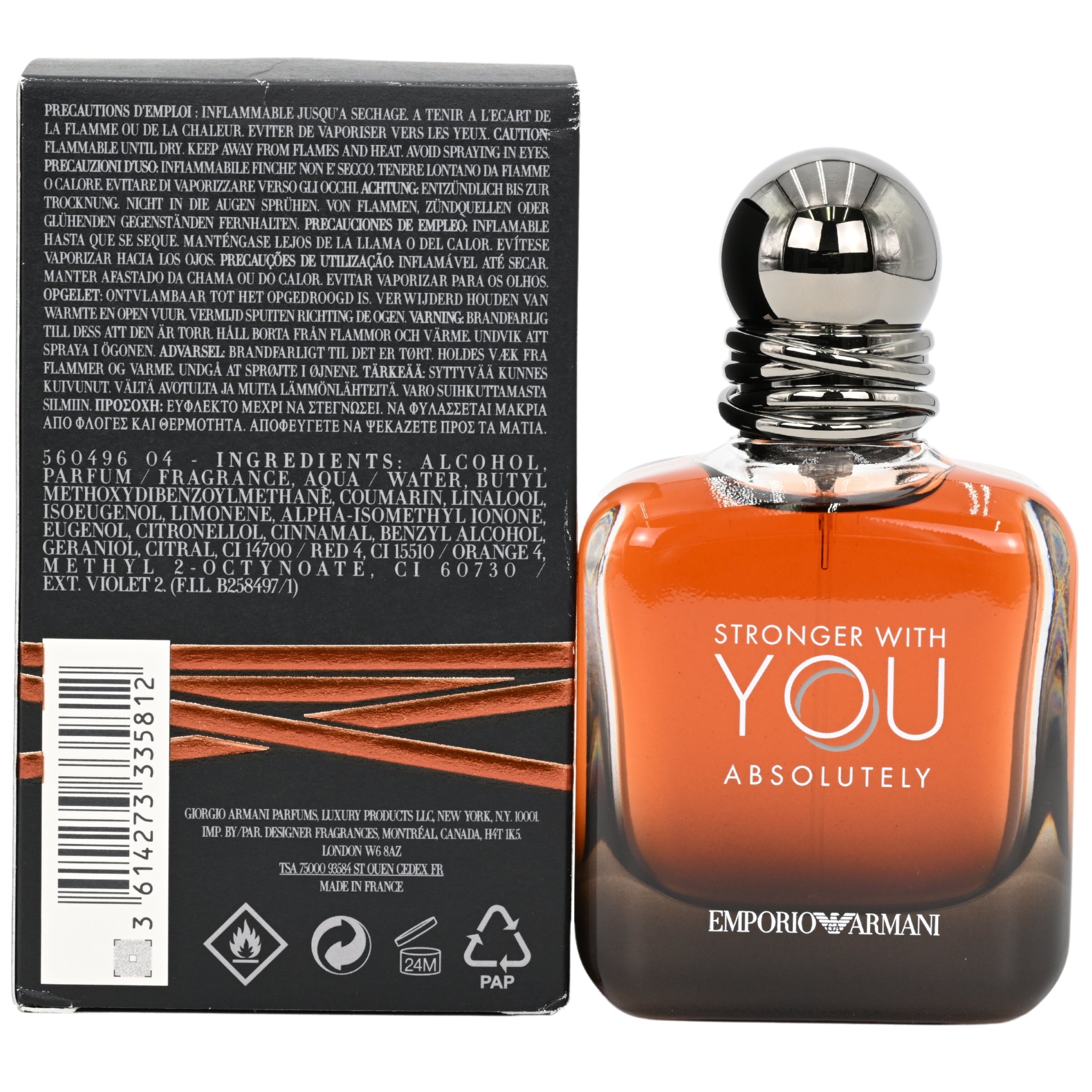 Orange perfume bottle with 'Stronger with You Absolutely' text and Emporio Armani branding, next to its packaging.
