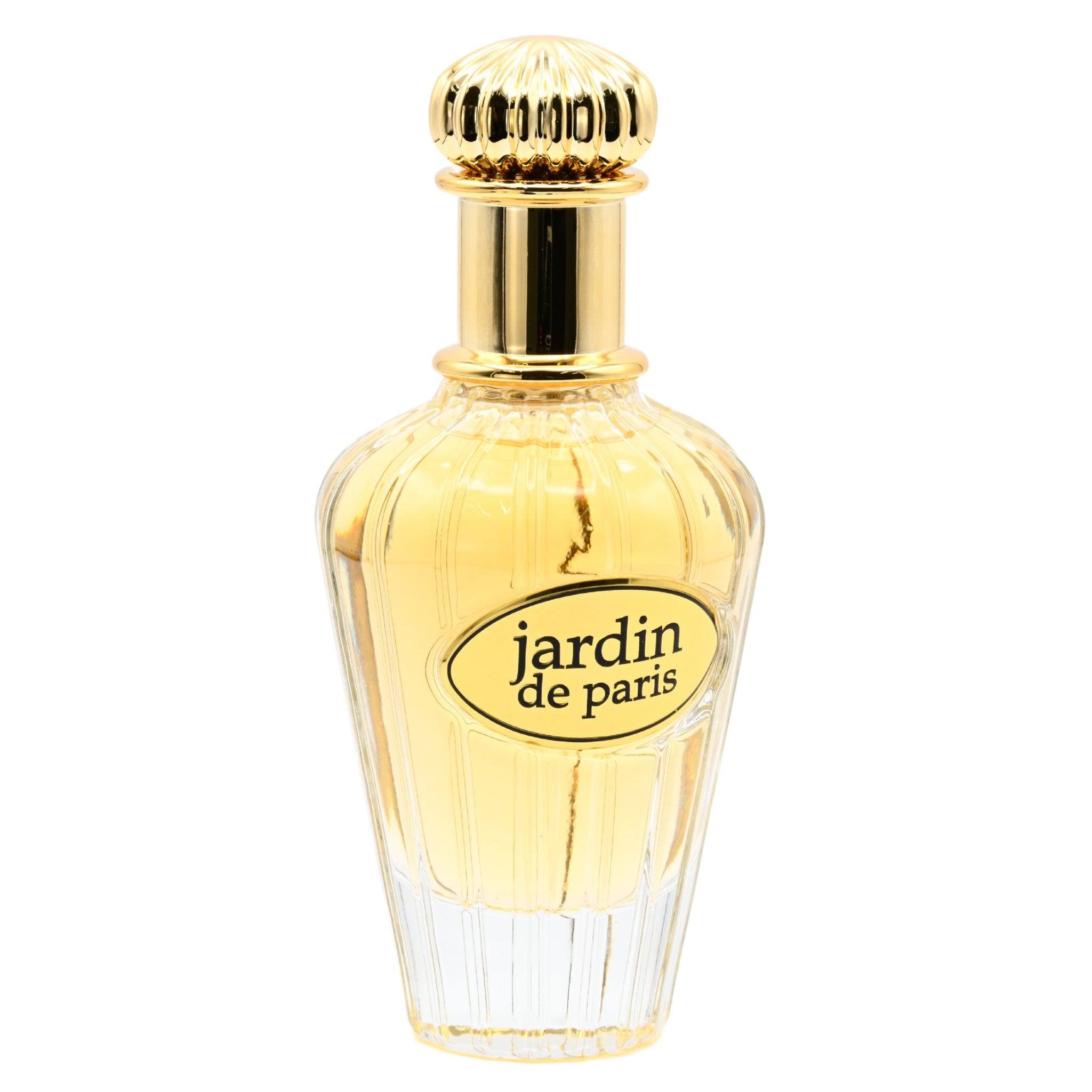 Perfume bottle labeled 'Jardin de Paris' with a gold cap on a white background