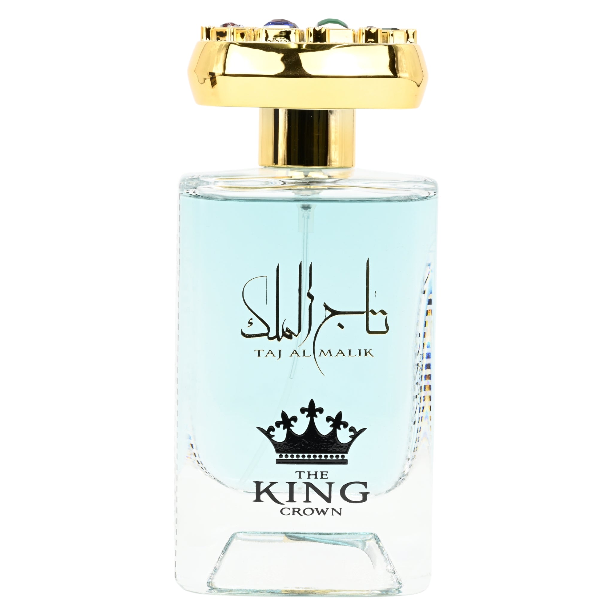 Perfume bottle labeled 'The King Crown' with a gold cap on a white background