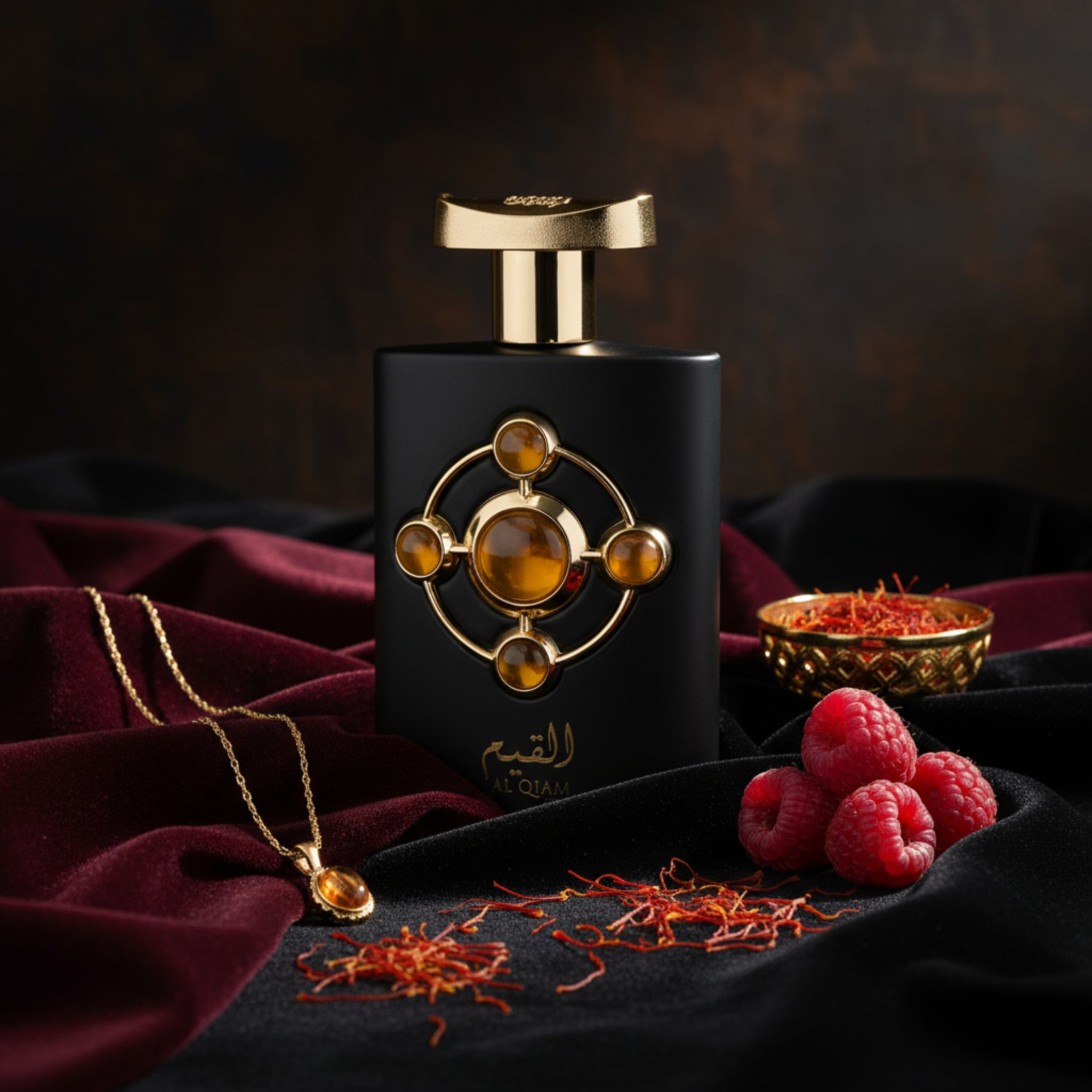 Black perfume bottle with gold cap and decorative elements on a white background