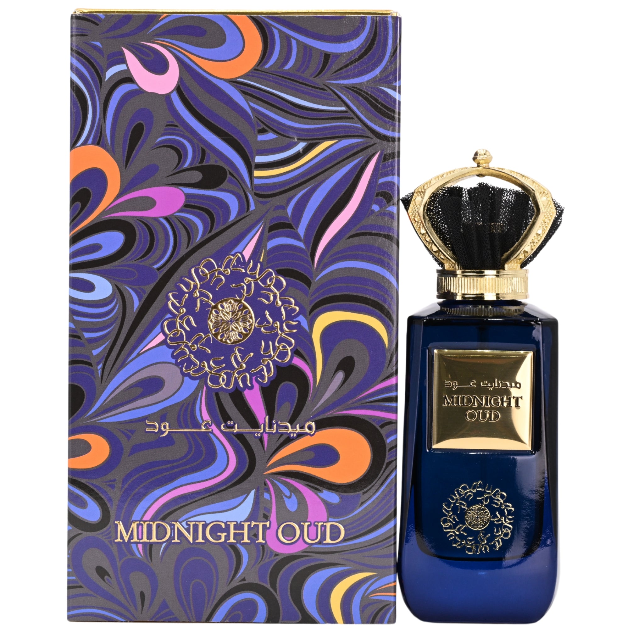 Perfume bottle and packaging of Midnight Oud with intricate design