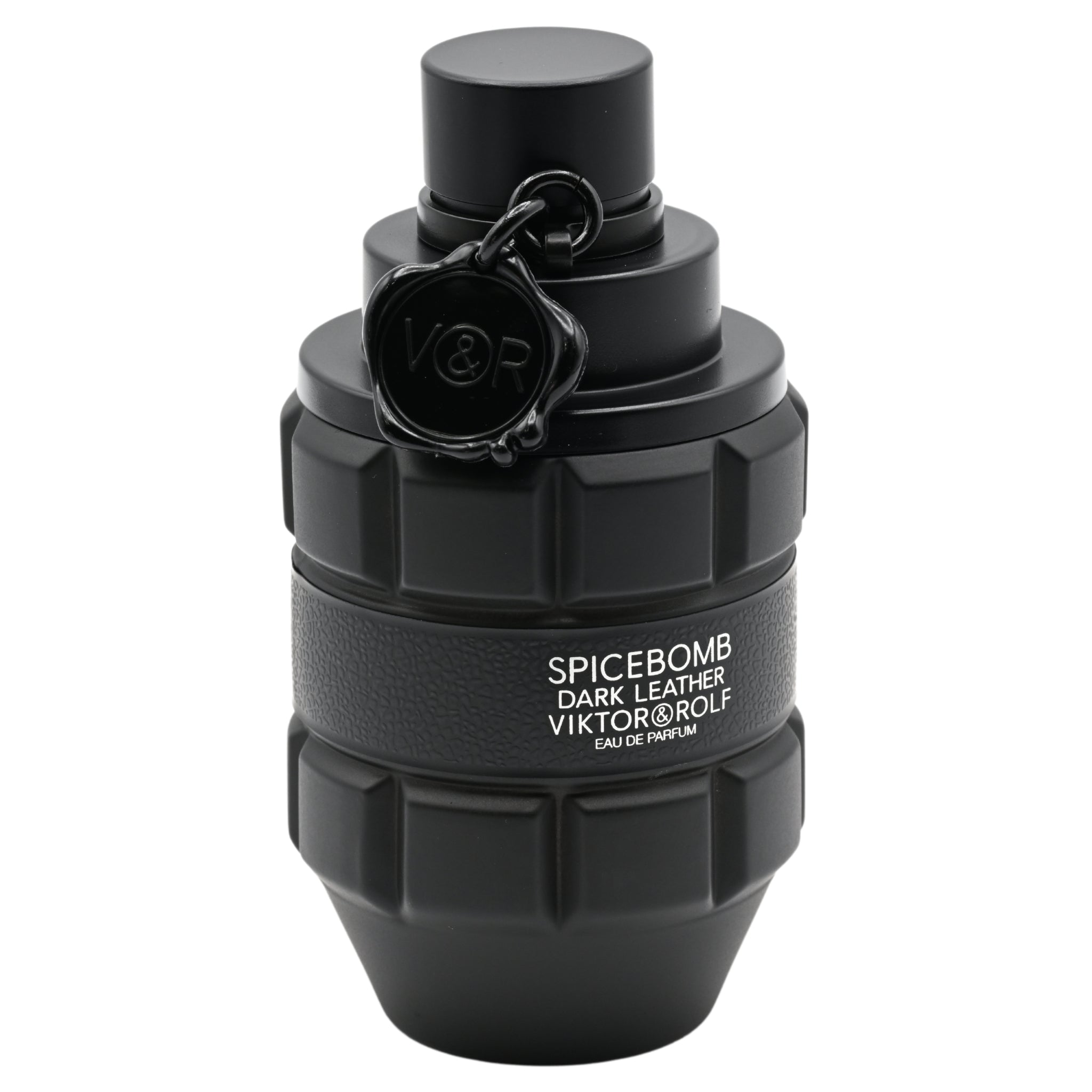Black grenade-shaped perfume bottle with 'Viktor & Rolf' branding on a white background