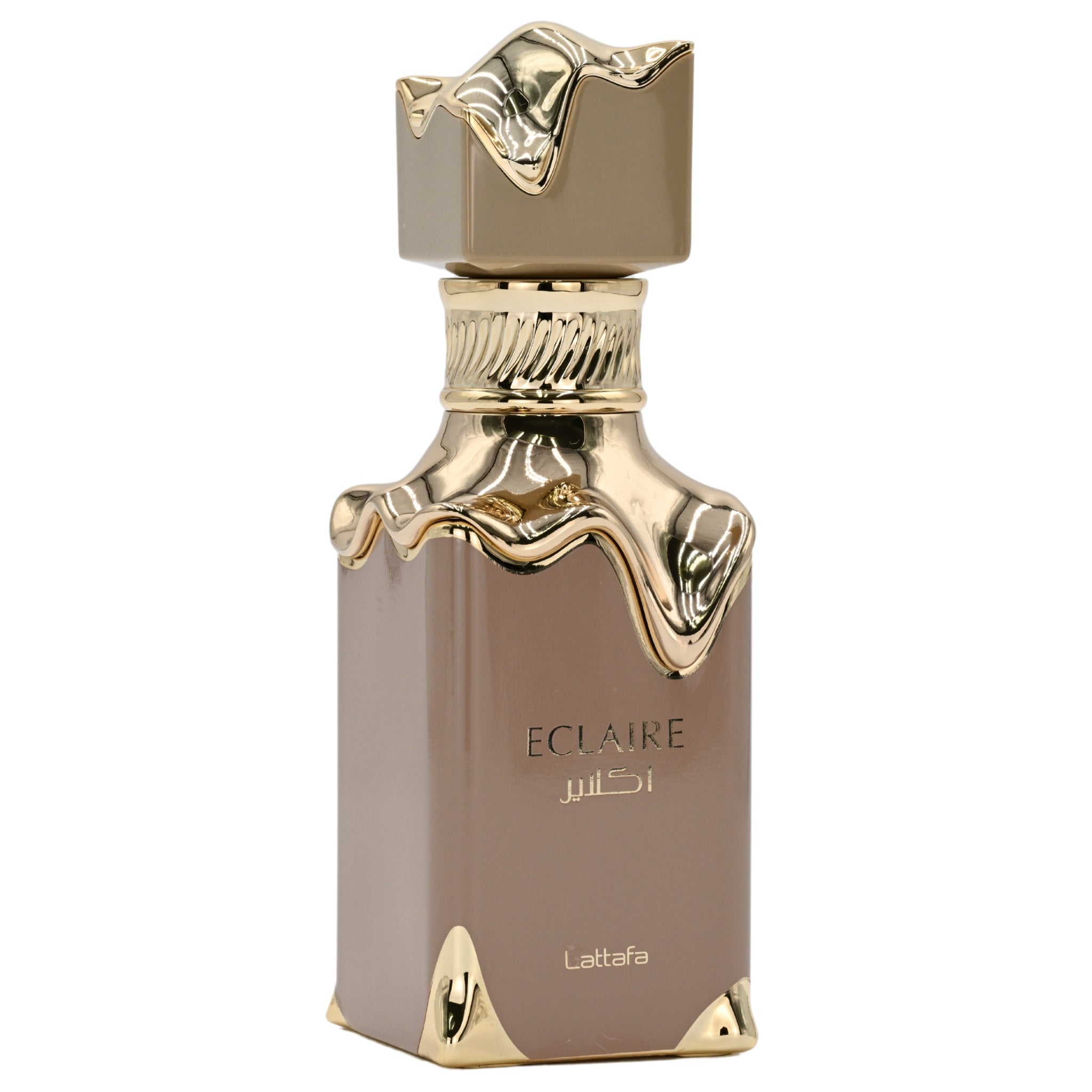 Perfume bottle with gold cap and detailed design on a white background