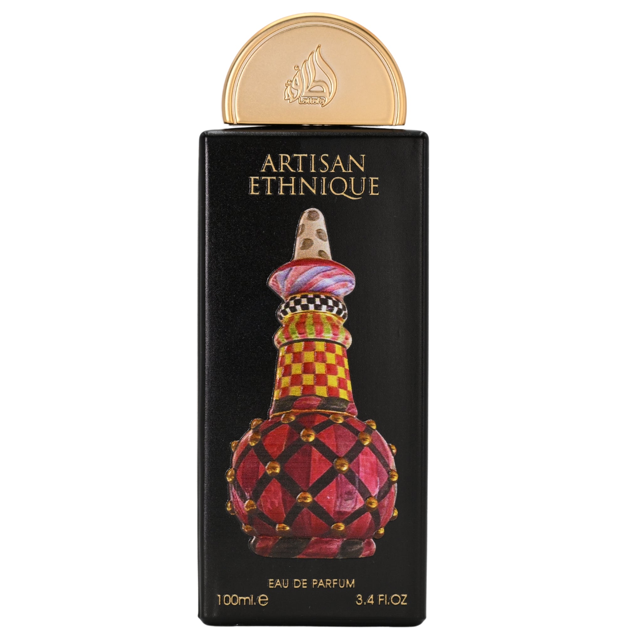 Perfume bottle packaging with Artisan Ethnique branding on a white background