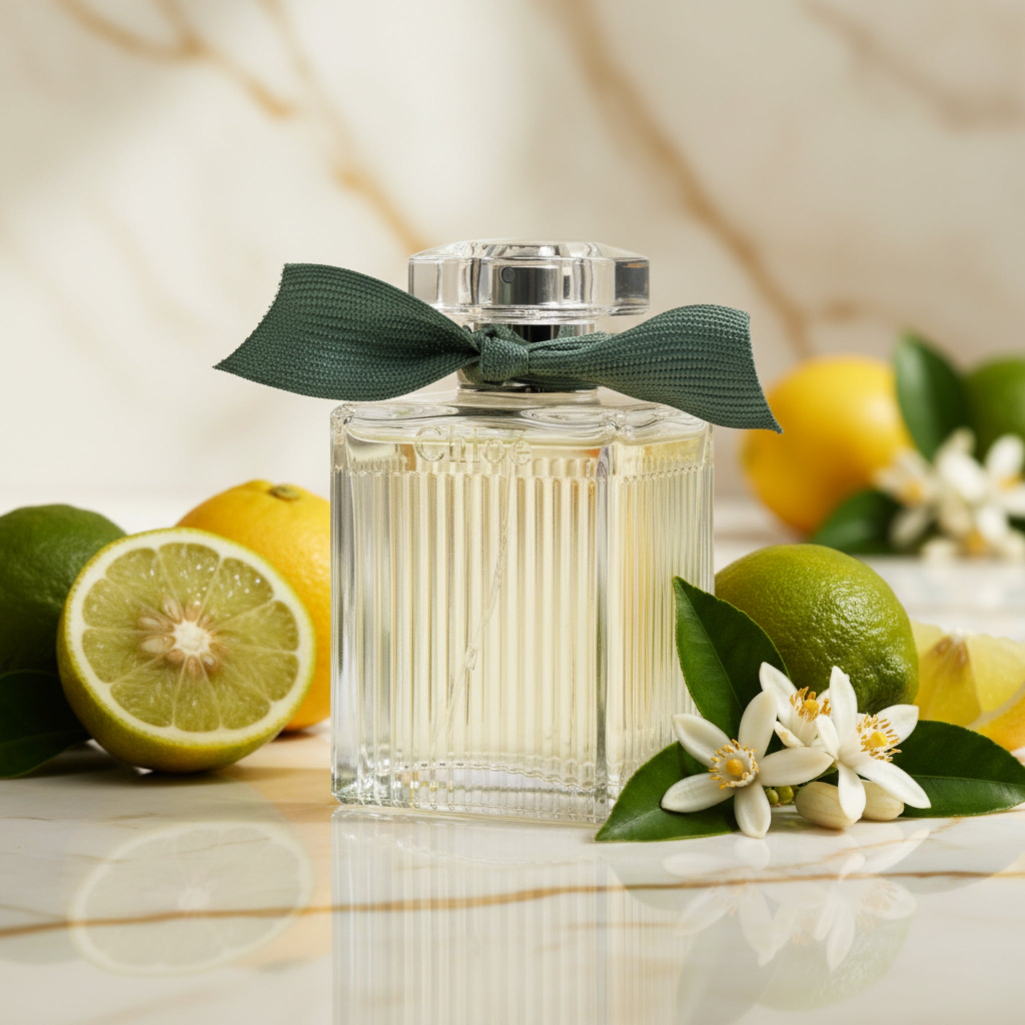 Rose Naturelle Intense perfume bottle  on a luxurious background with Bergamots and Neroli