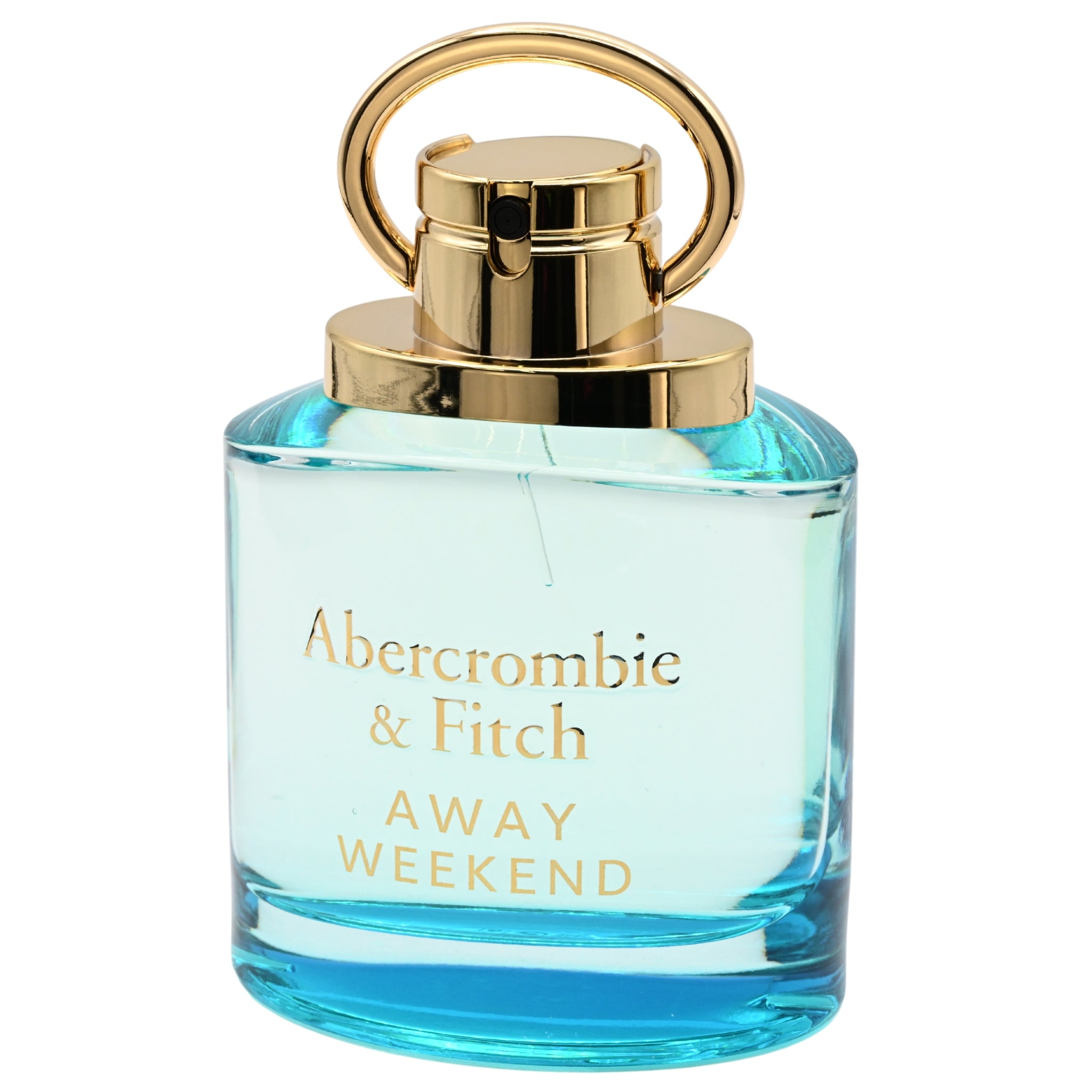 Blue Abercrombie & Fitch perfume bottle with gold cap on a white background