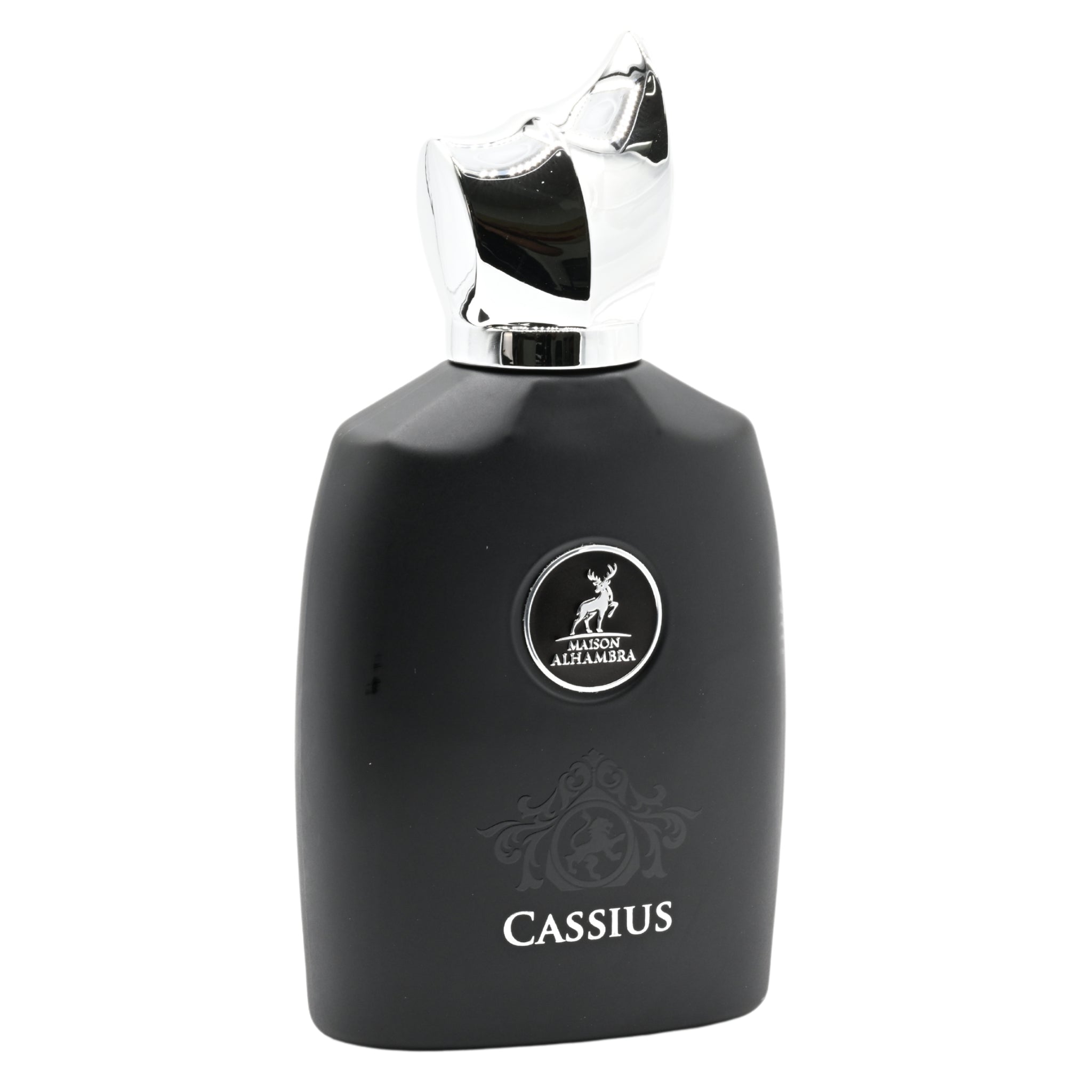 Black perfume bottle with silver cap on a white background
