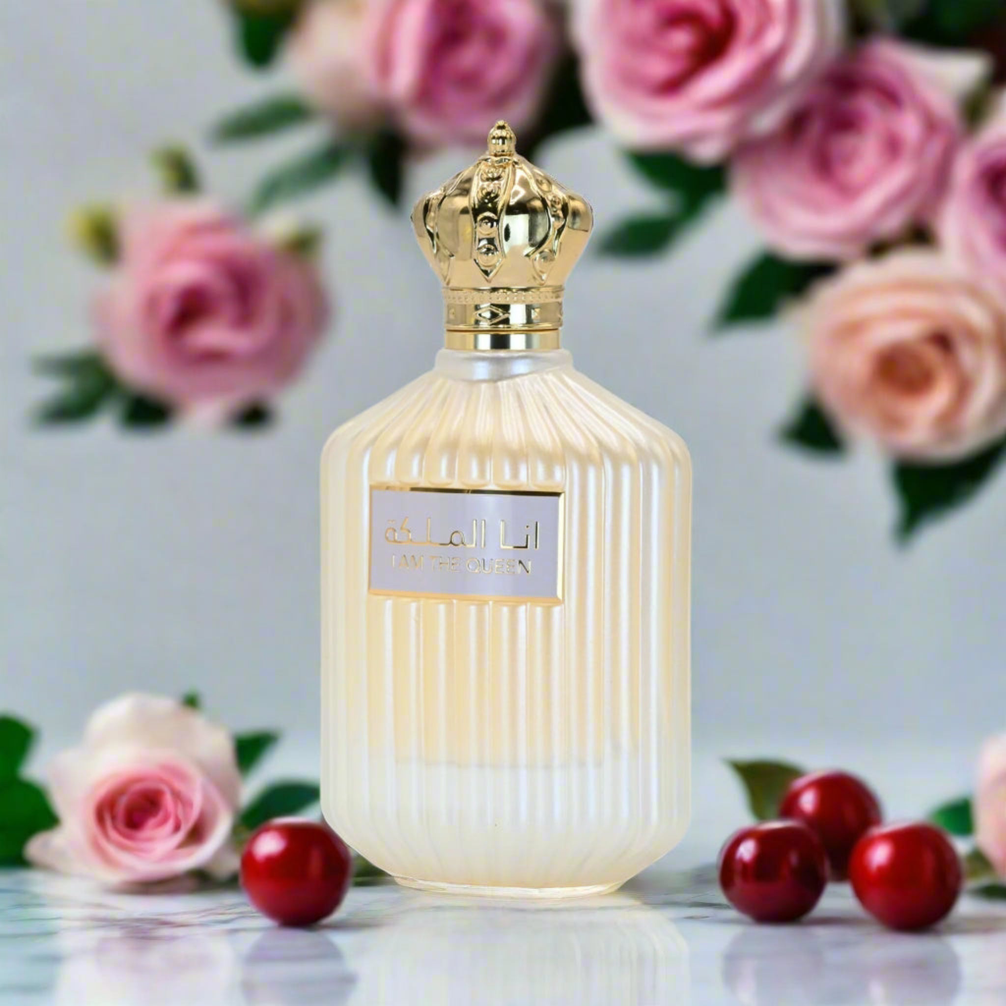 Perfume bottle with gold cap and floral background