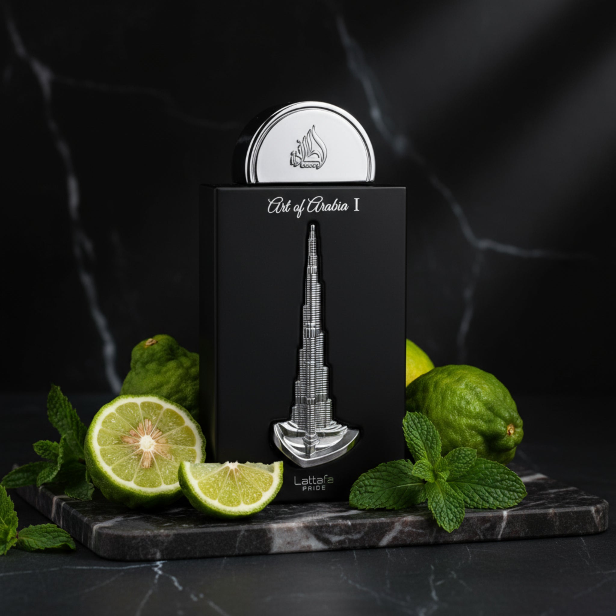Silver coin with Burj Khalifa design on a black card, featuring Lattafa branding.