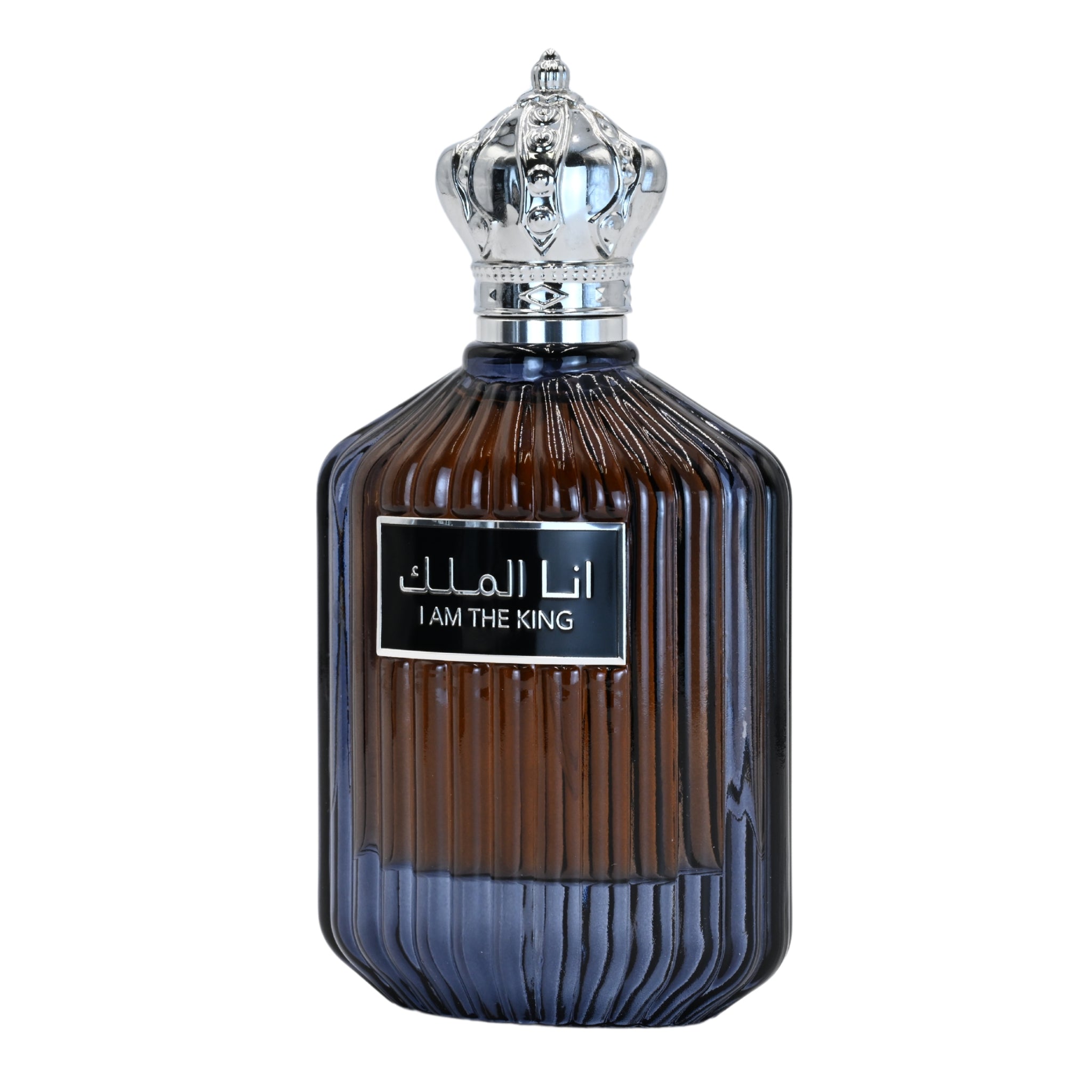 Perfume bottle with decorative cap on a white background