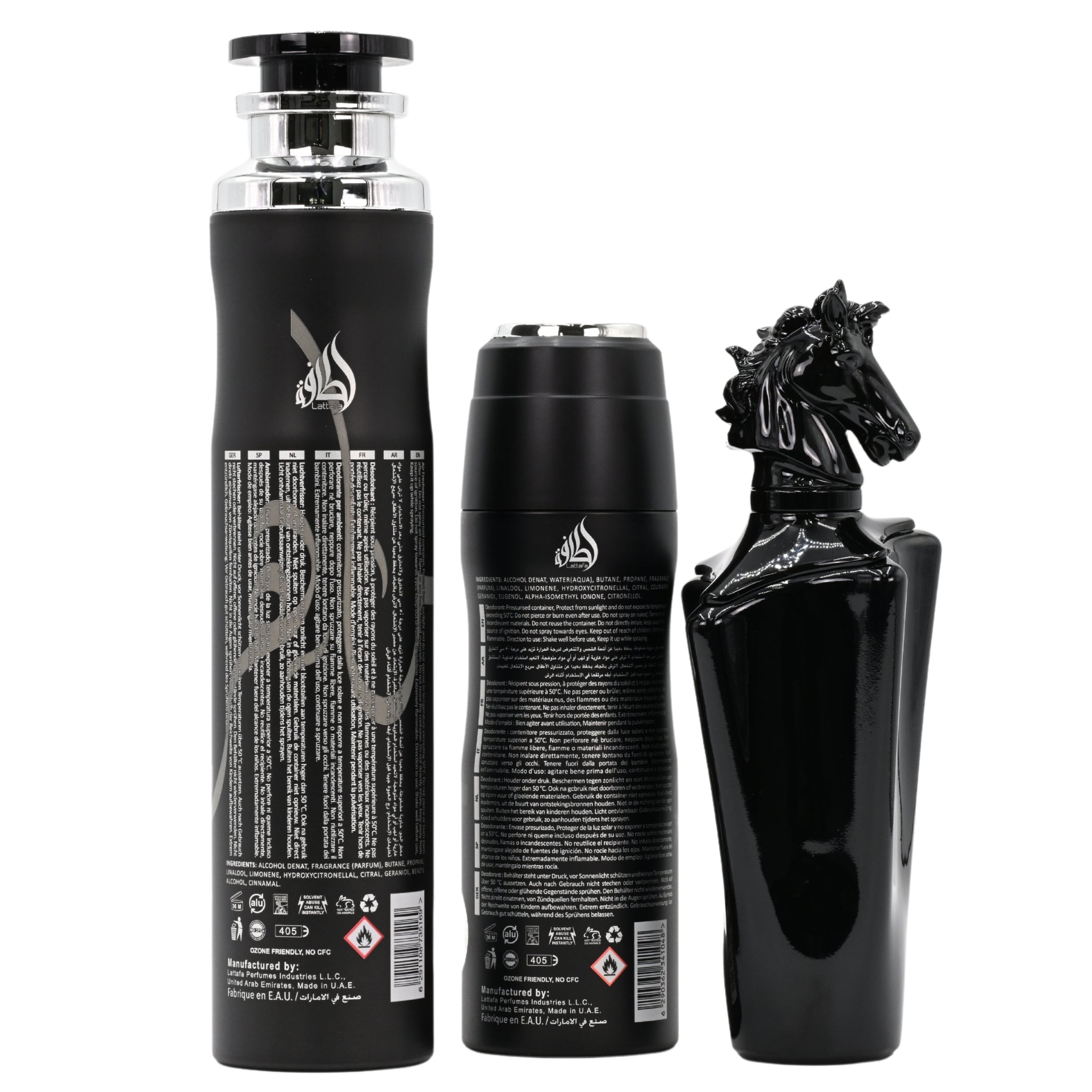 Black perfume bottle with horse design on a white background