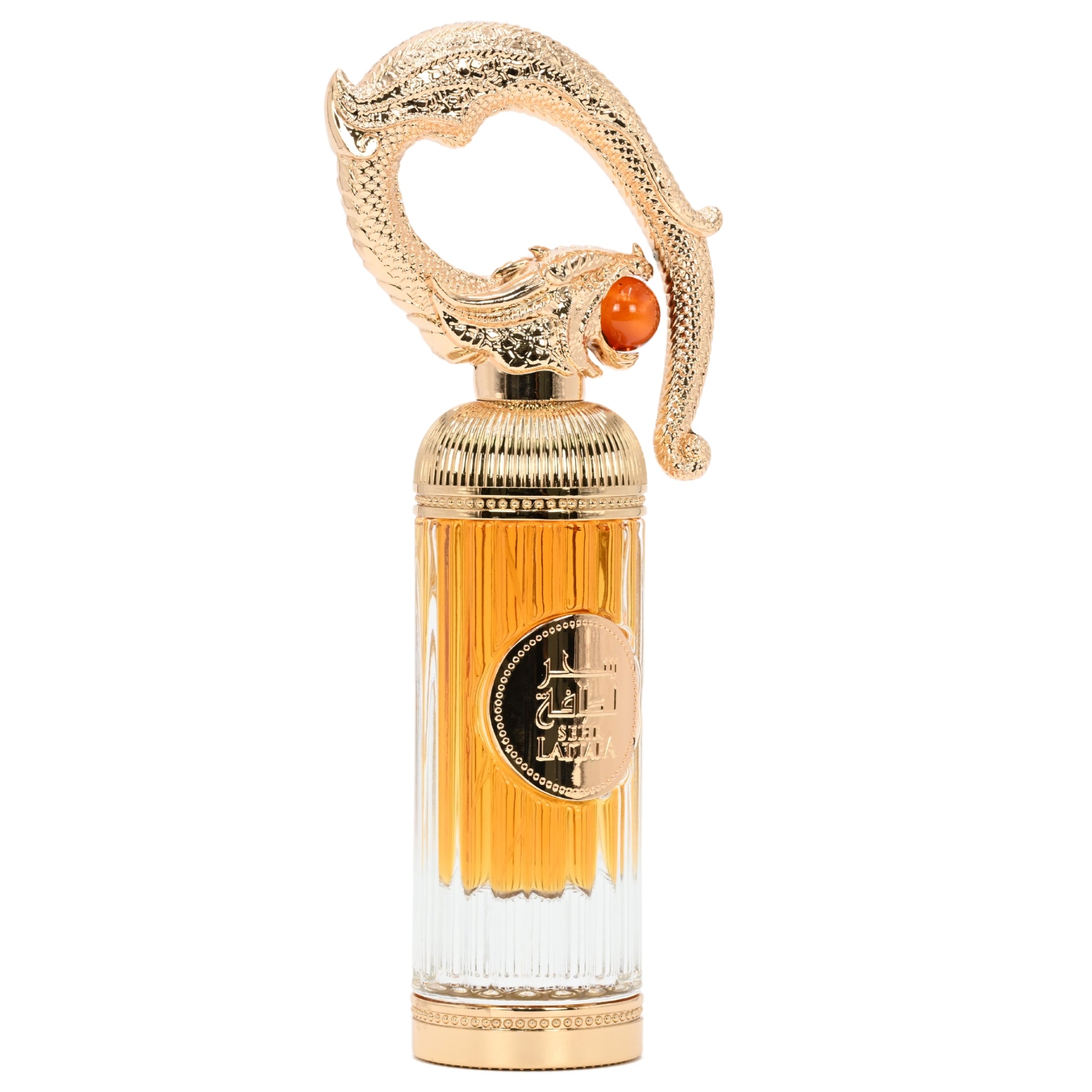 Perfume bottle with decorative cap on a white background