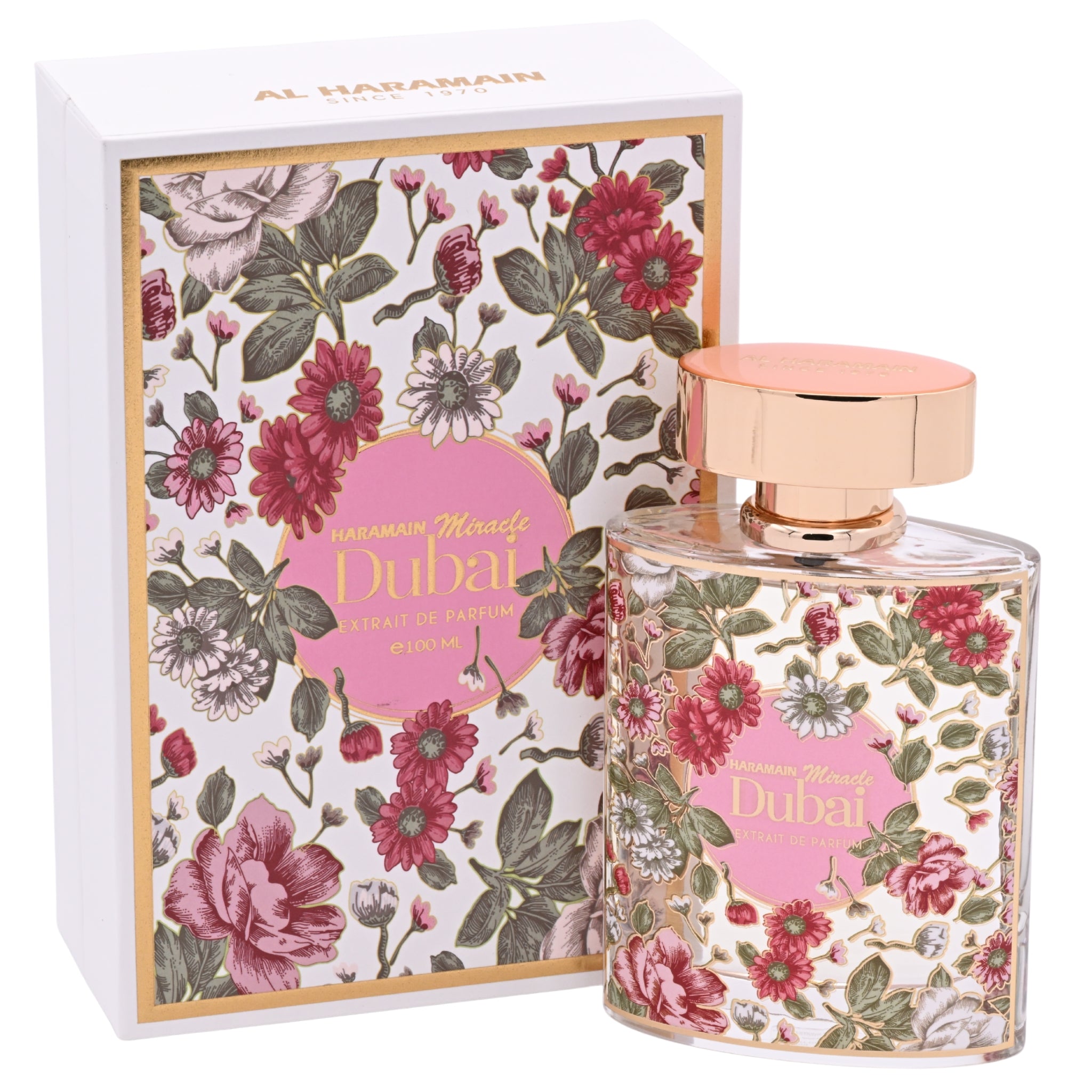 Perfume bottle and packaging with floral design and 'Dubai' branding.